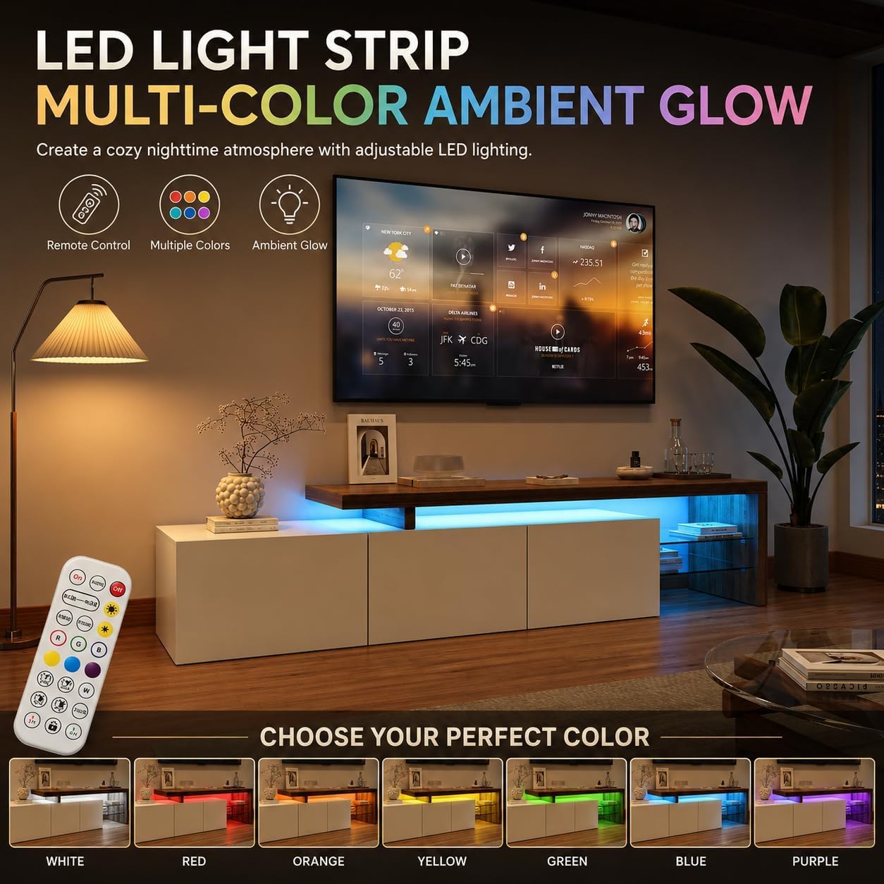 Mueble TV LED 200 Cm, Muebles TV con Estante De Cristal, Mueble TV para Salón, Banco TV Moderno De Madera con 3 Armarios, Armario Bajo para Salón, Blanco