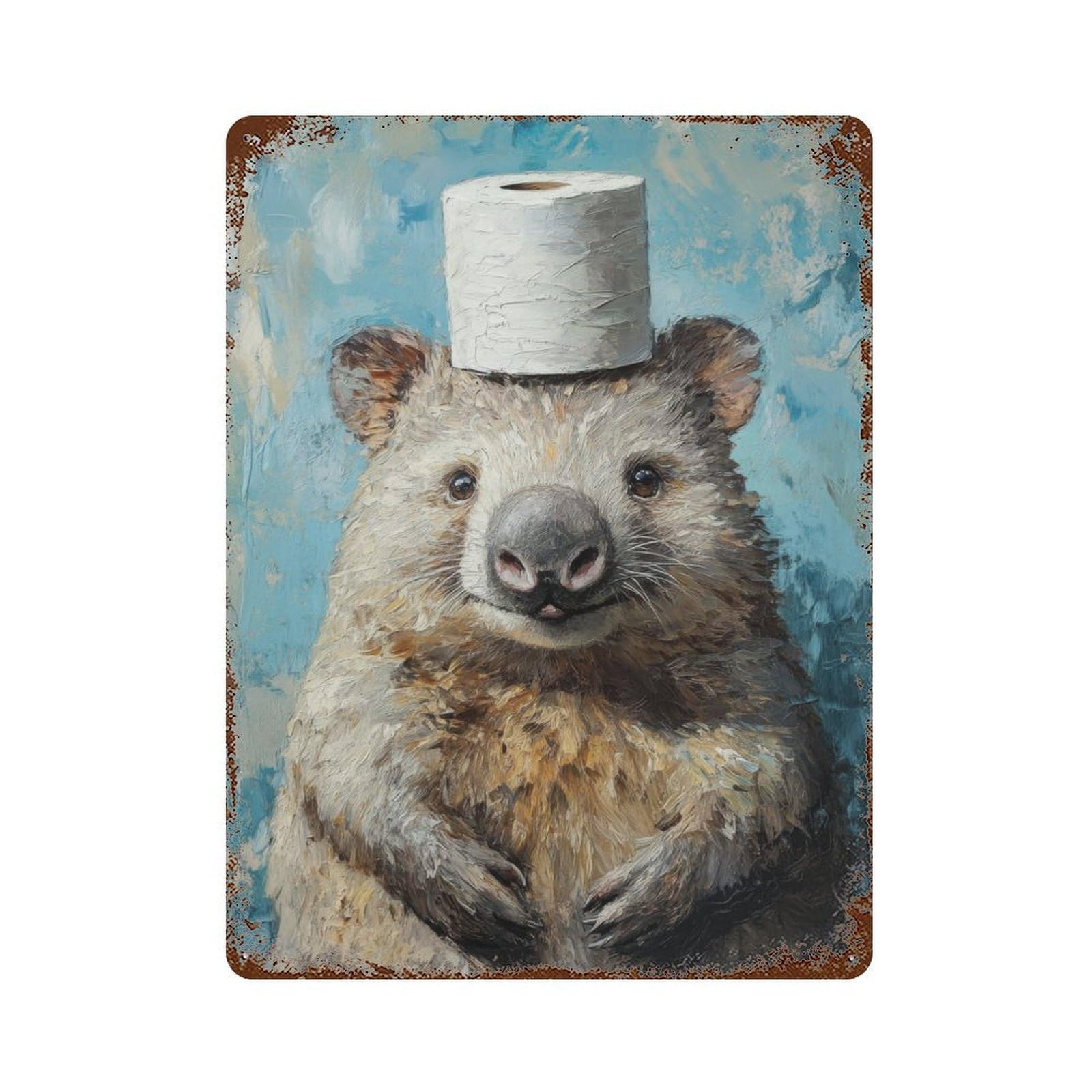 Wombat with Toilet Paper Hat Aged Metal Wall Plaque 15.7"x11.8", Ideal for Garage, Bar And Workshop Decor