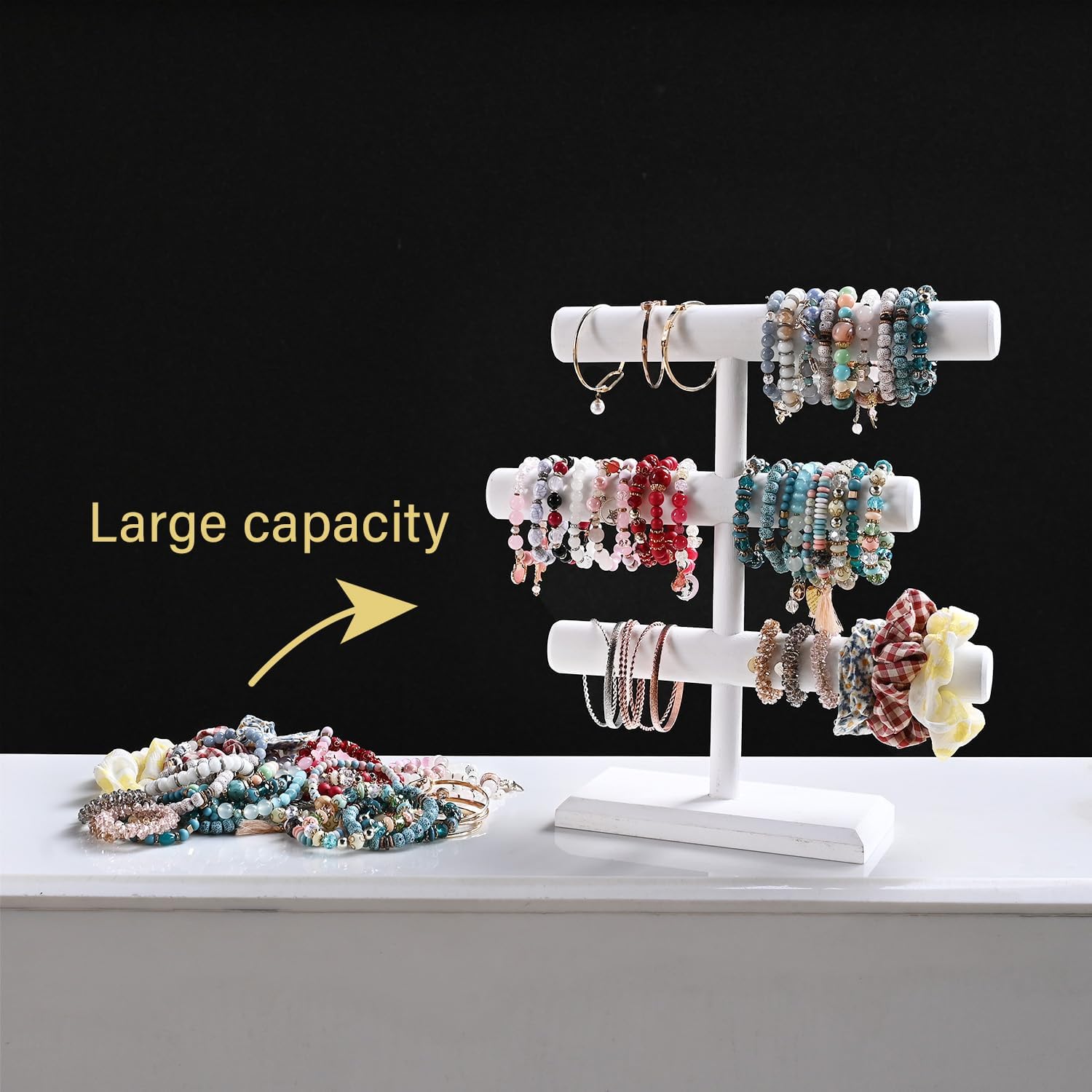MOOCA Free Assembly 3-Tier Wooden Jewelry Display Stand, Bracelets, Necklaces, Watches, Bangles Holder Stand, Accessory Display Storage Organizer, Wash White Color