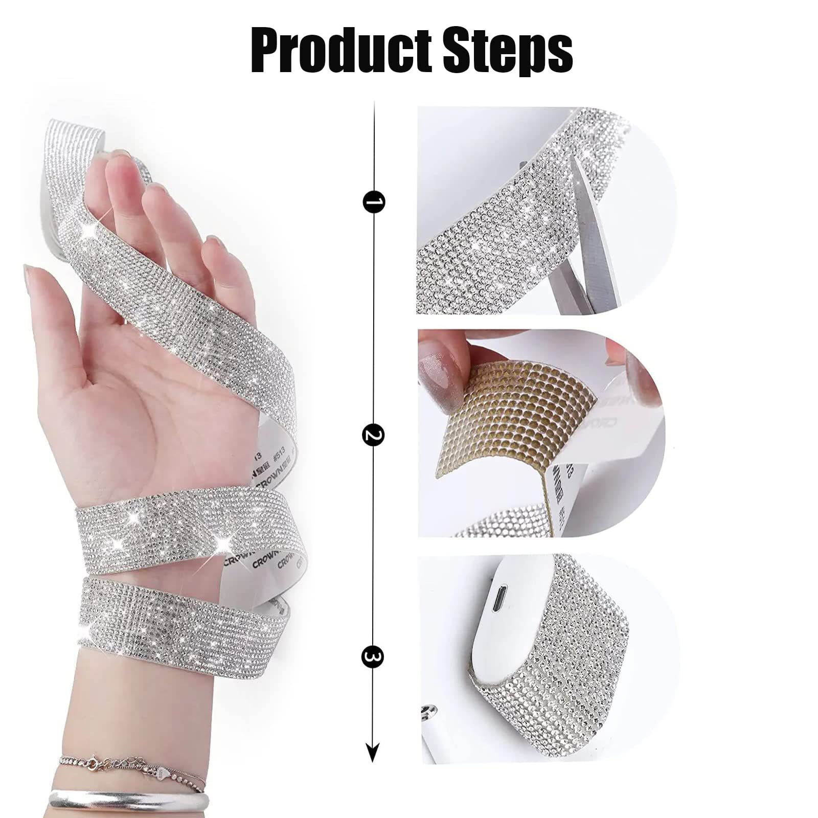 3pcs nastro diamantato autoadesivo, strass autoadesivo argento, strass nastro diamantato nastro glitterato nastro di strass strass matrimonio compleanno fai da te decorazione artigianato
