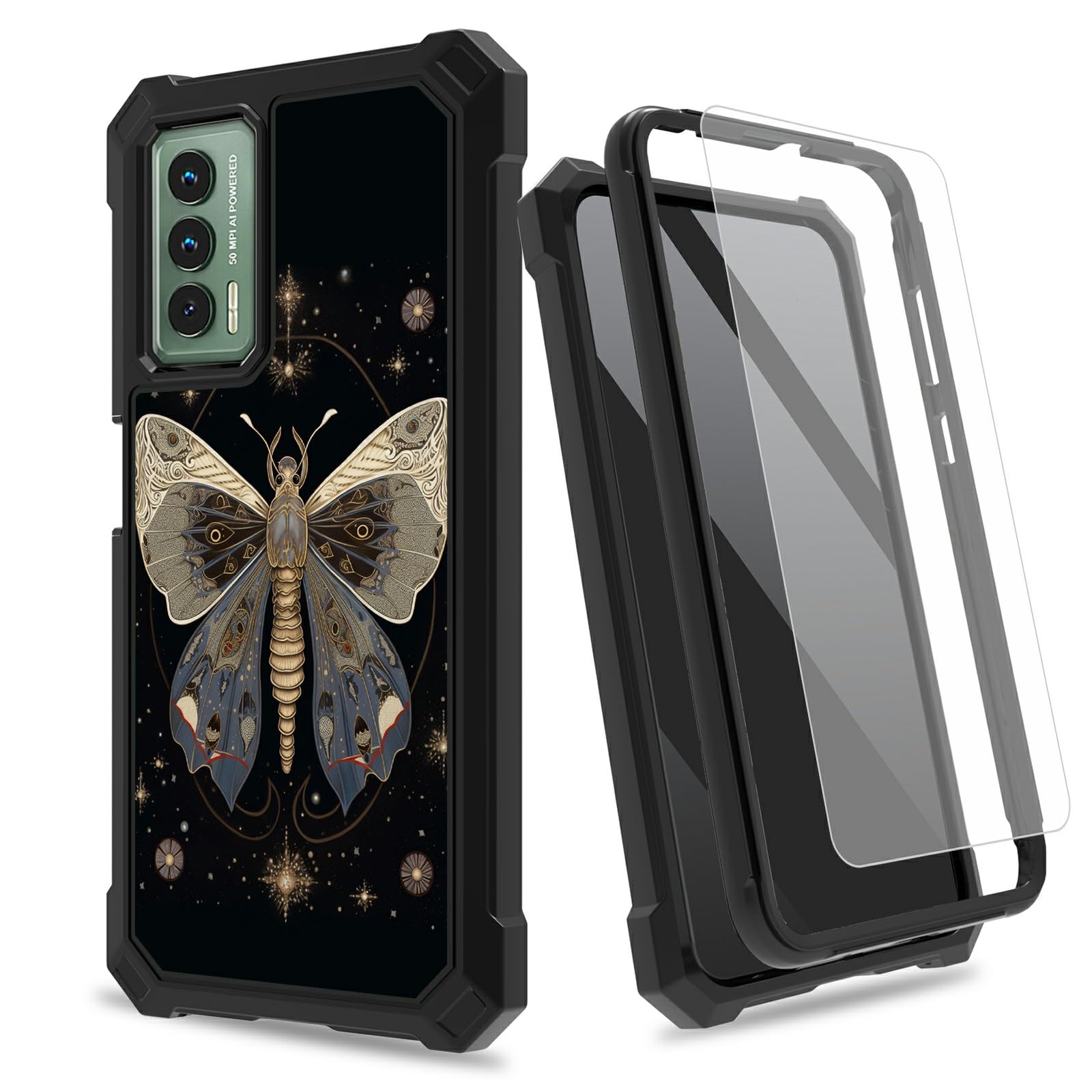 SROJDHFJB Moth for Cricket Outlast Case w/Tempered Glass Screen Protector, 2 Layers Rugged Shockproof PC Frame + Soft Silicone Bumper Phone Case for AT&T Jetmore