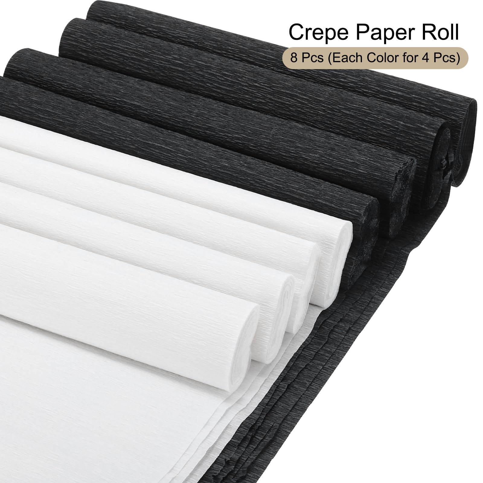 Rebower 8 rotoli di carta crespa, rotolo di carta crespa da 20,1 m, per fiori di carta, stelle filanti per feste, dimensioni: 25,4 cm x 2,4 m, colore: nero, bianco