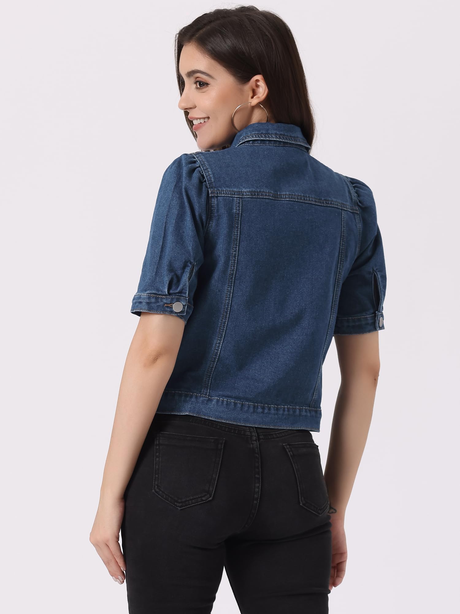 Allegra K Giacca Casual Donna Maniche Corte Sbuffo Blazer Jeans Abbottonata