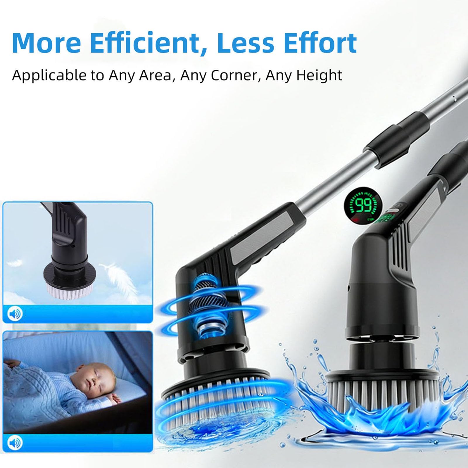 Limpiador de Ducha Potente, Cepillo Eléctrico 9 en 1 con 450 RPM para Azulejos de Baño y áreas Difíciles de Limpiar, de 50 Pulgadas de Largo (JY6016 Negro (9 Cabezales))