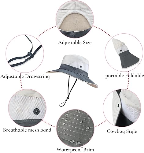 Miniatura 5 de NPQQUAN Ponytail Sun Bucket Hats for Women Men Wide Brim UPF 50+ Fishing & Beach Hats