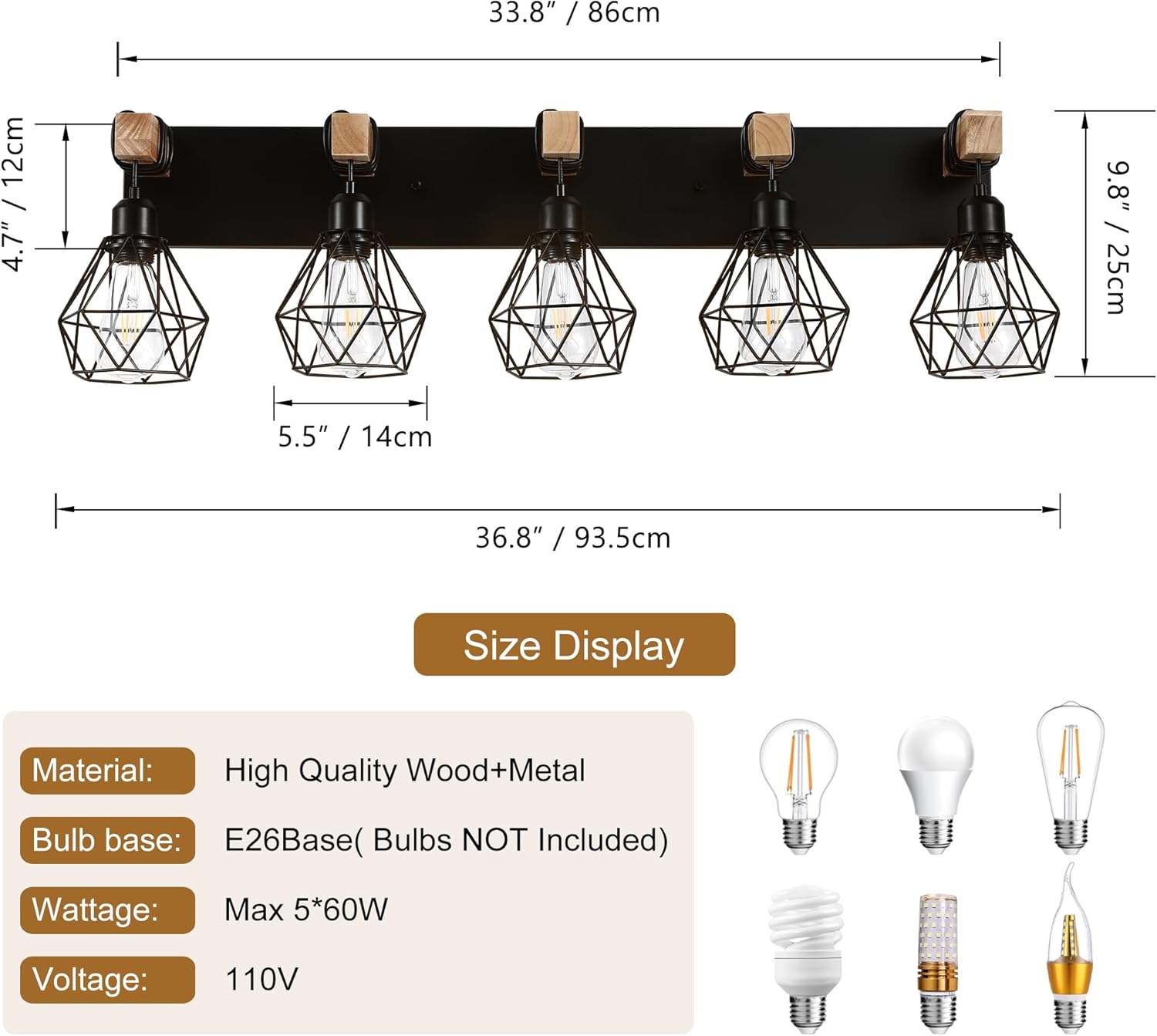 Farmhouse Vanity Light for Bathroom, 5-Light Wood Bathroom Vanity Light Fixtures Over Mirror, Rustic Sconces Wall Lighting with Metal Lampshade for Living Room, Bedroom, Hallway