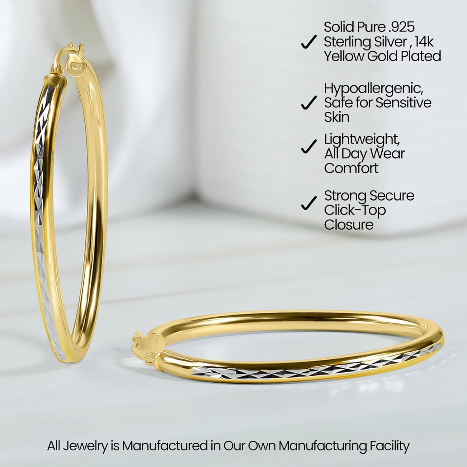 Hoops & Loops 925 Sterling Silver 3mm Oval Diamond-Cut Hoop Earrings for Women, Silver, Yellow Gold, Rose Gold & Black - Image 4