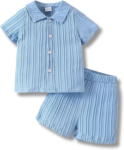 URBAN OX Baby Boy Summer Clothes | Self-Striped Sky Blue Shirt &amp; Shorts Set | Dress for Baby Boy | 6 Months to 4 Years Boy...