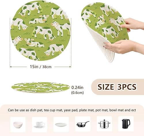 Miniatura 2 de 3 Pcs Large Trivet Mat Cows on Field Pattern for Hot Dishes 15in Cotton Thread Weave Heat Resistant Pad for Crock Pot House Decor