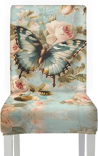 Miniatura 2 de HUGS IDEA Juego de 6 fundas de asiento con diseño de mariposa para sillas de comedor, diseño de rosa vintage, extraíbles y lavables, fundas para
