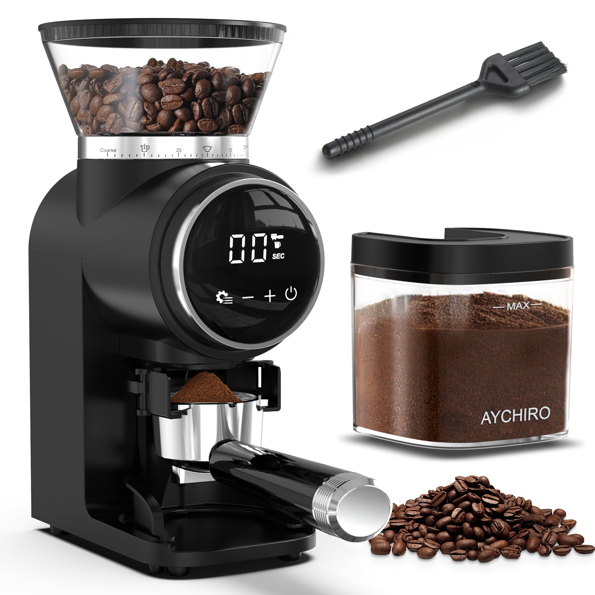 AYCHIRO Electric Conical Burr Coffee Grinder, Coffee Mill with 30 Precise Grind Settings, Portafilter Holder & 2-12 Cup Selector for Espresso, Drip, French Pres