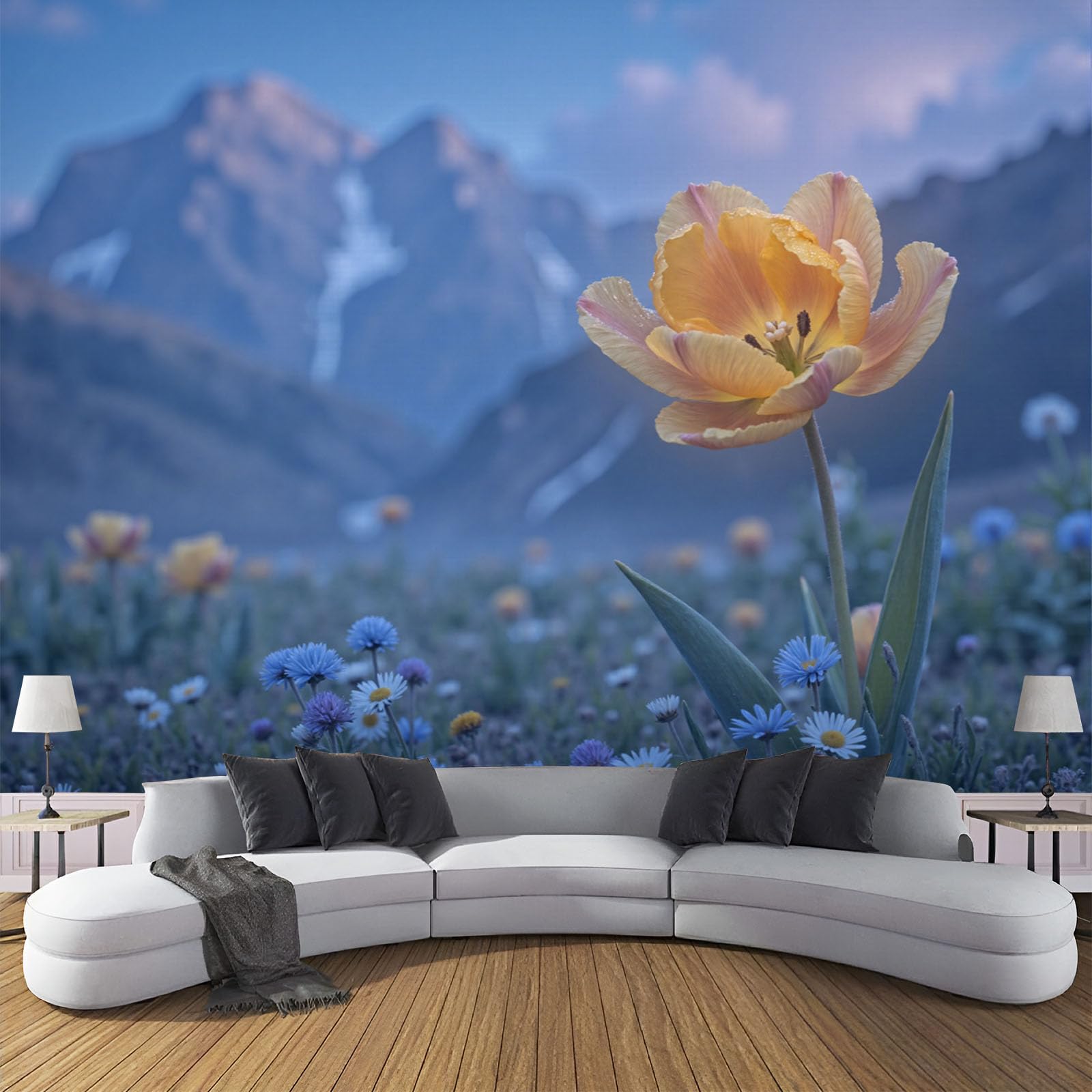 Papier peints panoramique tulipes fleurs sauvages jaune pour decoration murale