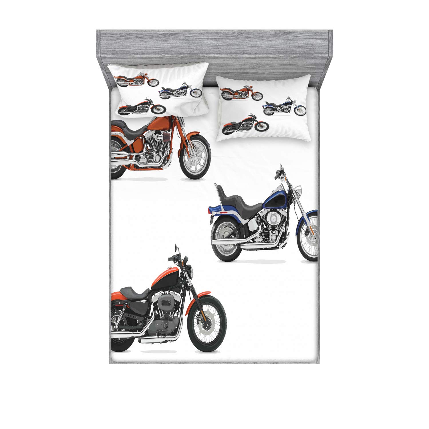 Ambesonne Motorcycle Fitted Sheet & Pillow Sham Set, Illustration of 3 Motorcycles Freedom Transport Risky Extreme Sports Theme, Decorative Printed 3 Piece Bedding Decor Set, Full, Orange Black