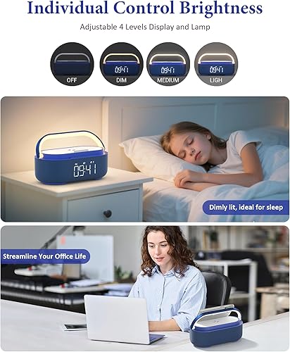 Vista 45 de Altavoz Bluetooth con cargador inalámbrico, radio FM, luz nocturna LED regulable, sonido estéreo, altavoces inalámbricos duales, altavoz portátil