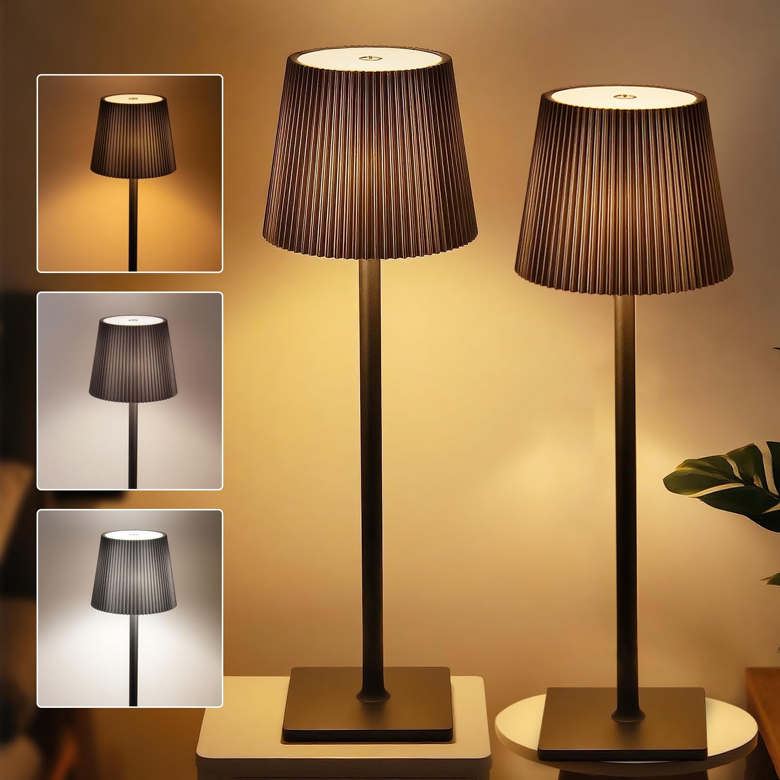 Xiake 2 Stück Dimmbare LED Akku Tischlampe,Dimmbar 2700K-6000K,IP54 Wasserdicht,3 Farbtemperatur Nachttischlampe für Nachttisch Schreibtisch Outdoor Esstisch Wohnzimmer,Balkon,Garten,Terrasse,Schwarz