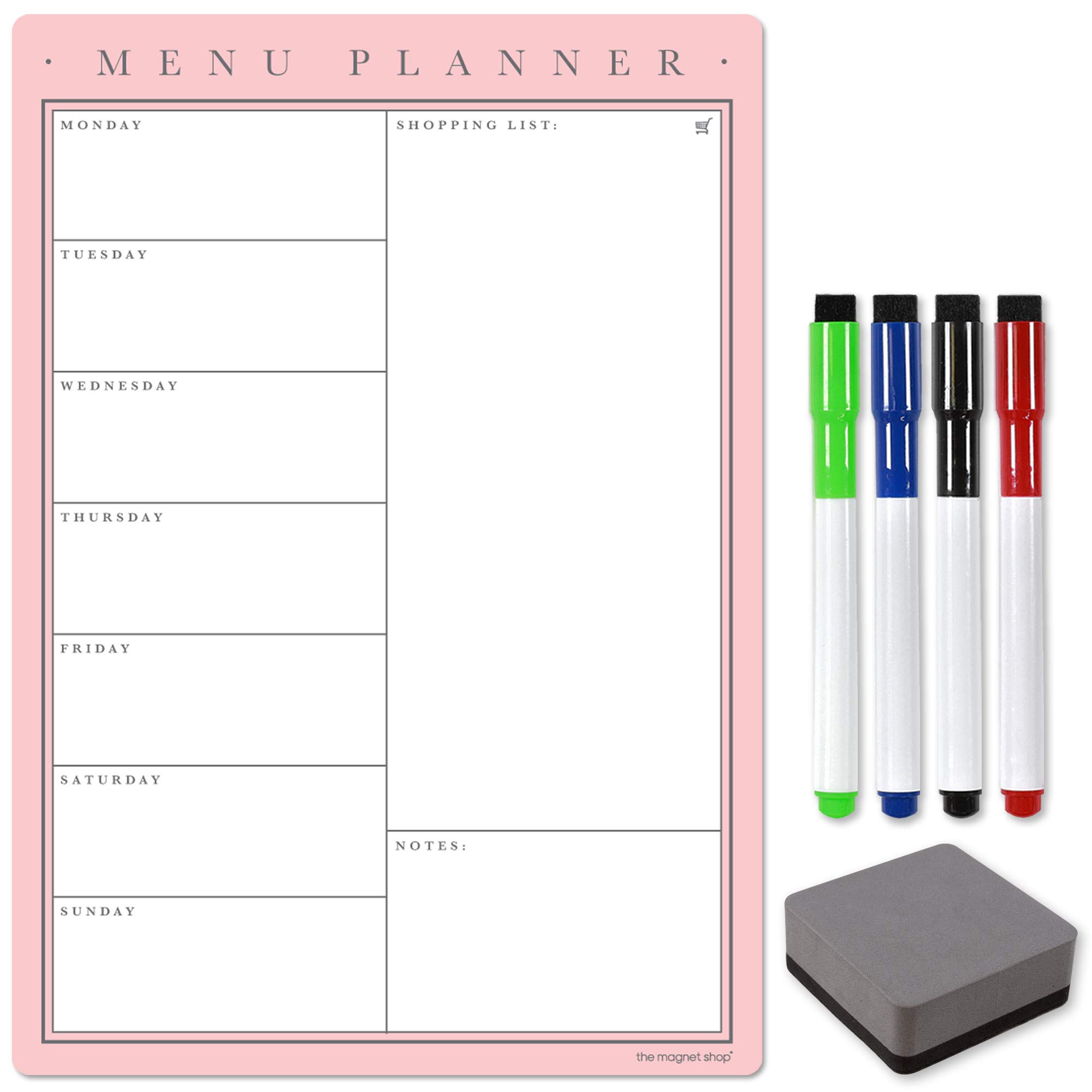 The Magnet Shop Magnetic A3 Weekly Meal Planner โ Customisable Whiteboard Planner, Menu, Shopping List and Wall Organiser - with 4 Dry Erase Pens and Eraser (Blush, A3) โ image 1
