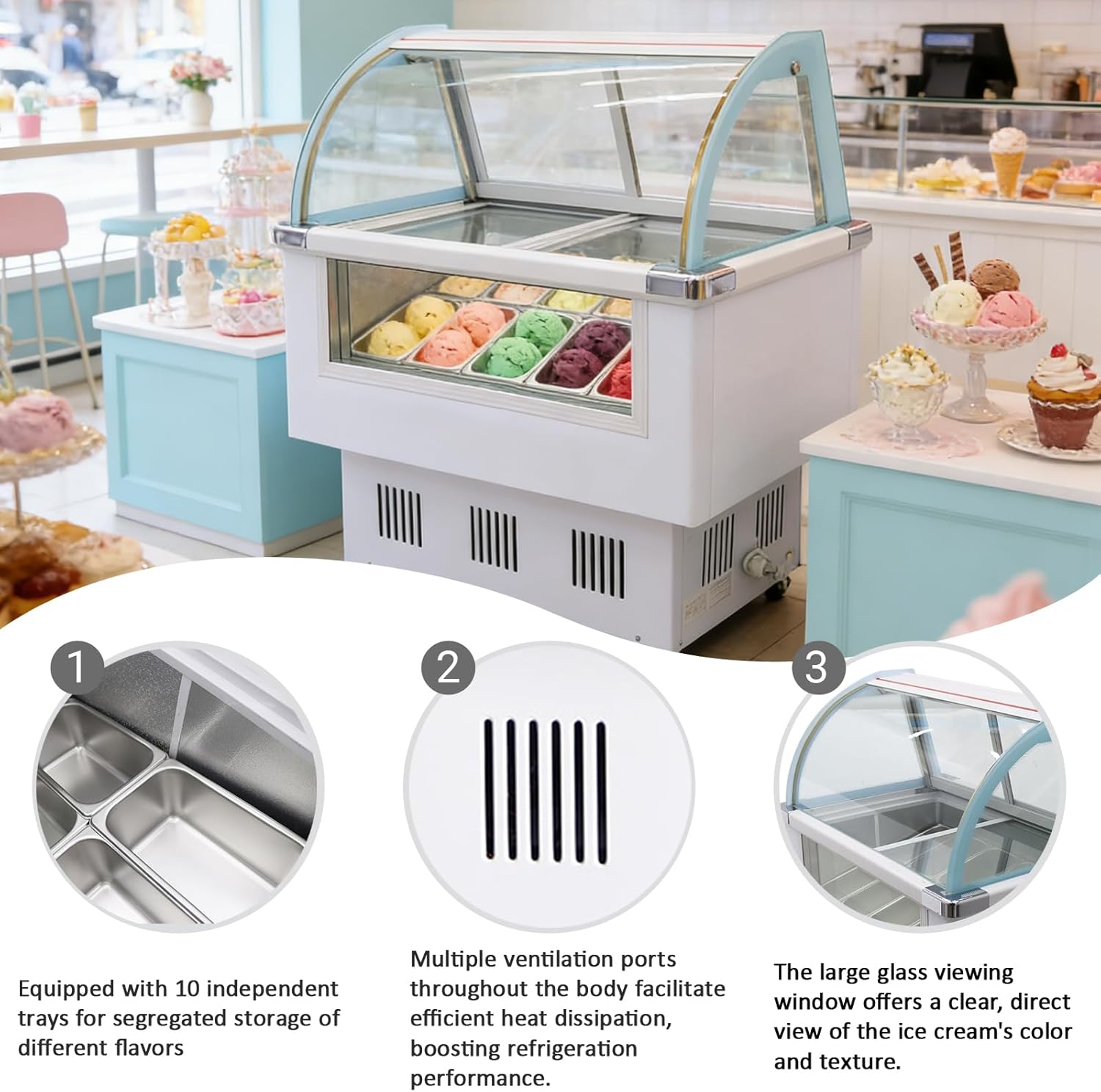 Commercial 10-Pan Gelato & Ice Cream Dipping Cabinet Gelato Display Freezer with Tempered Glass Sliding Doors Intelligent Temperature Control Fast Cooling to -0.4°F 220V