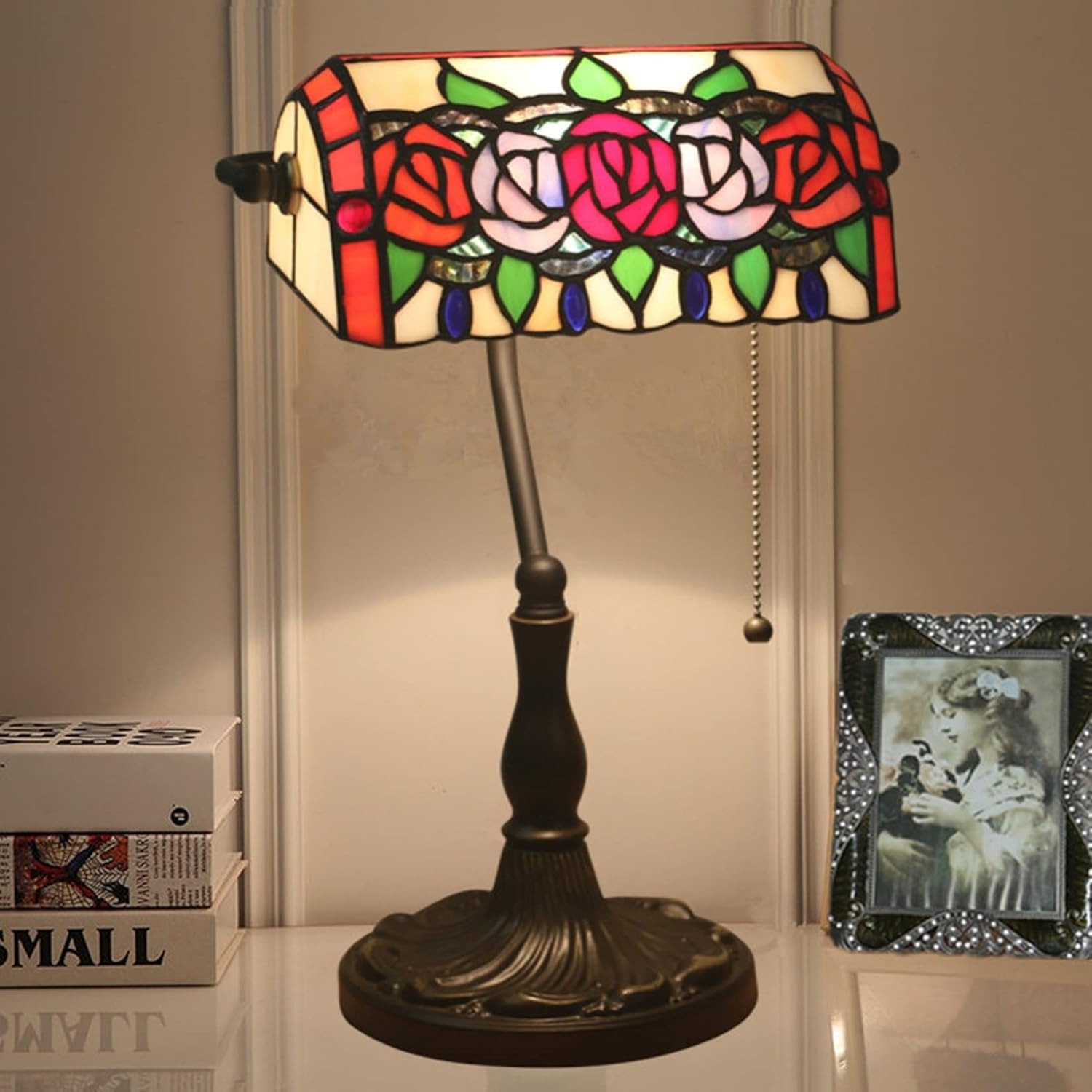 Tiffany Style Banker Desk Lamp Stained Glass Retro Rose Flower Light