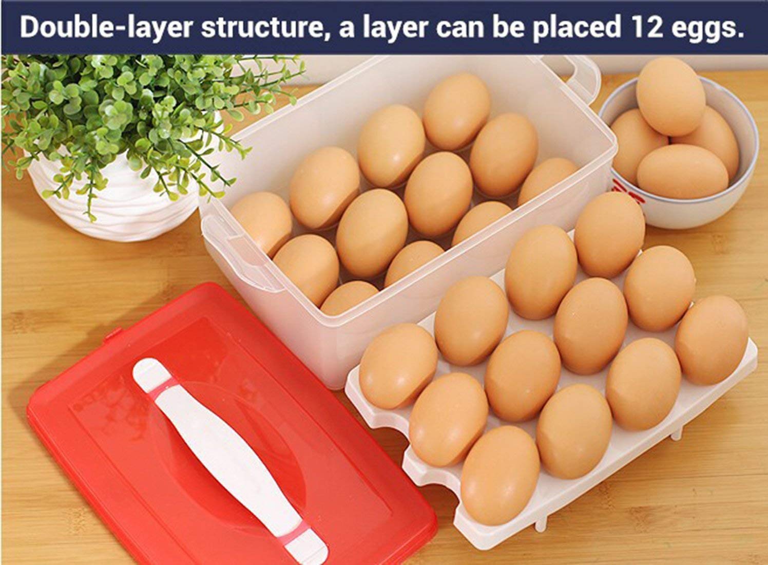 TOPHAVEN Plastic Double Layer Refrigerator 24 Eggs Storage Box Airtight Basket (Multi Color) (Pack of-02) 1
