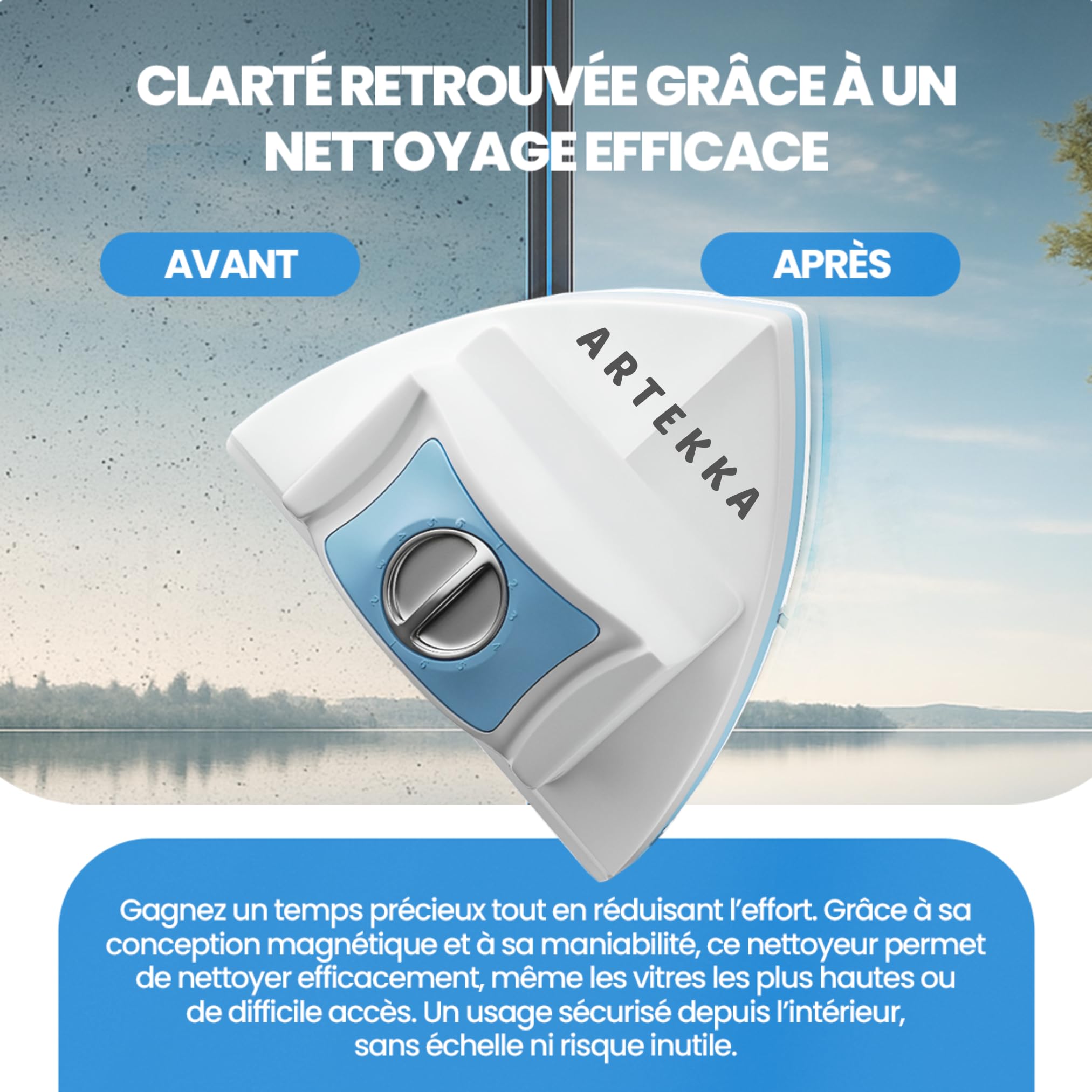 Lave Vitre Magnétique Double Vitrage 3-30 mm Brosse à Rainures Nettoyage Intérieur Extérieur Vitres Inaccessibles Kit Complet avec Recharges et Câble de Sécurité (1, Blanc Bleu et Gris)