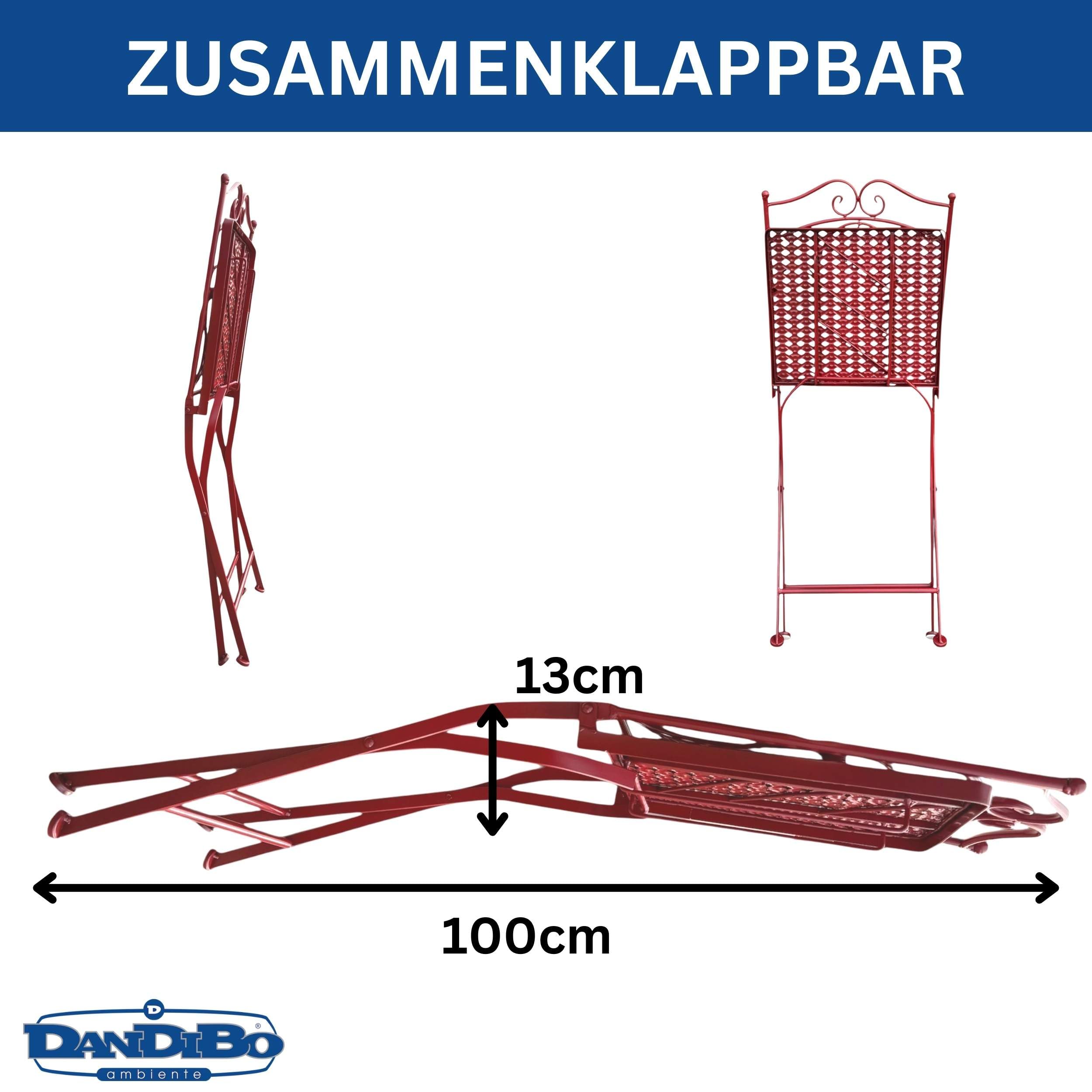 DanDiBo Stół bistro z 2 krzesłami, meble ogrodowe, metalowe, antyczne, czerwone, odporne na warunki atmosferyczne, Rosso 96720, zestaw bistro, 2 krzesła, 1 stół, meble ogrodowe, 3-częściowy zestaw