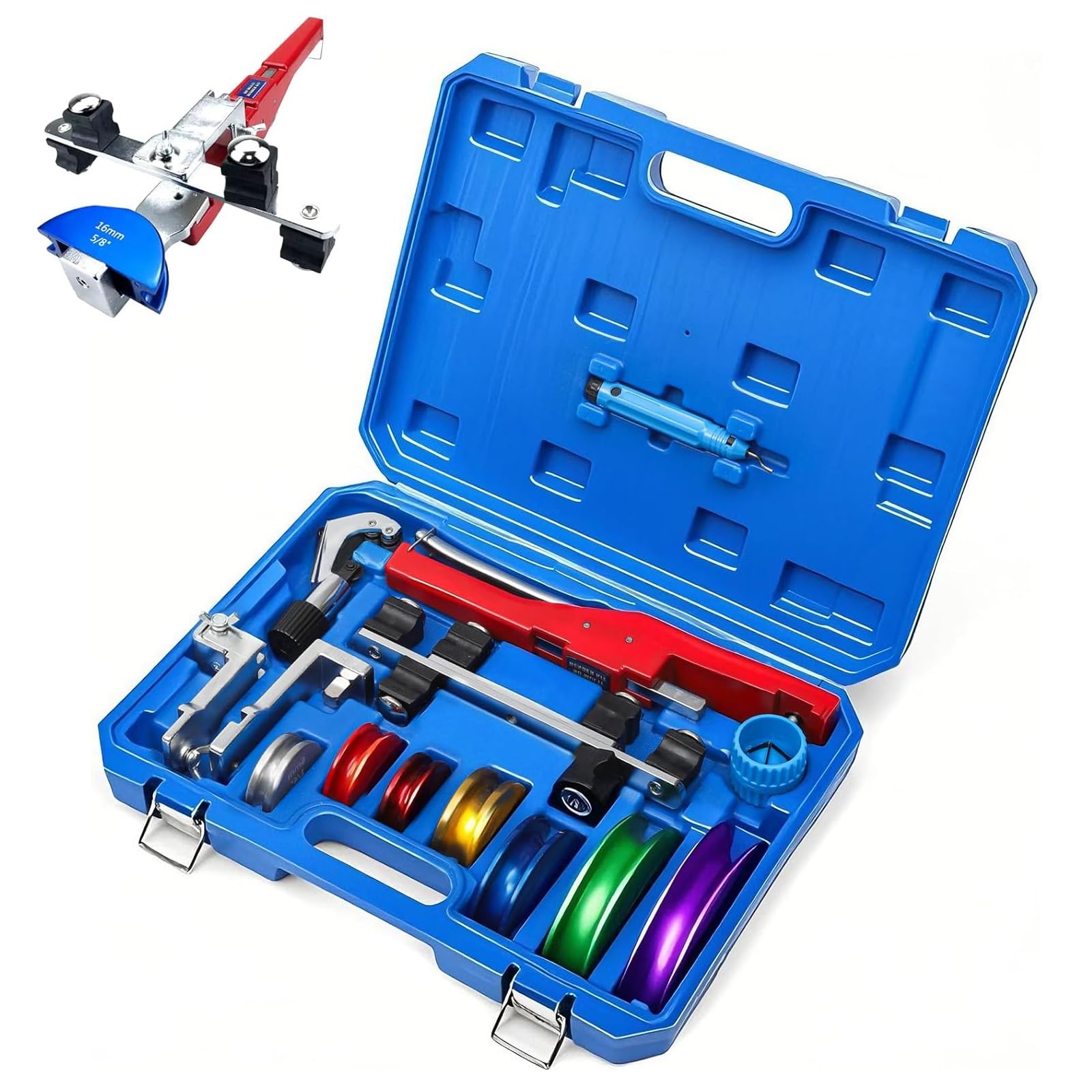 Piegatubi Manuale per Tubi in Rame 1/4"-7/8", Kit Macchina Piegatubi a Cricchetto con 7 Teste, 90° Avanti/Indietro, Alesatore Interno Esterno, per HVAC, Aria Condizionata e Riparazione Idraulica