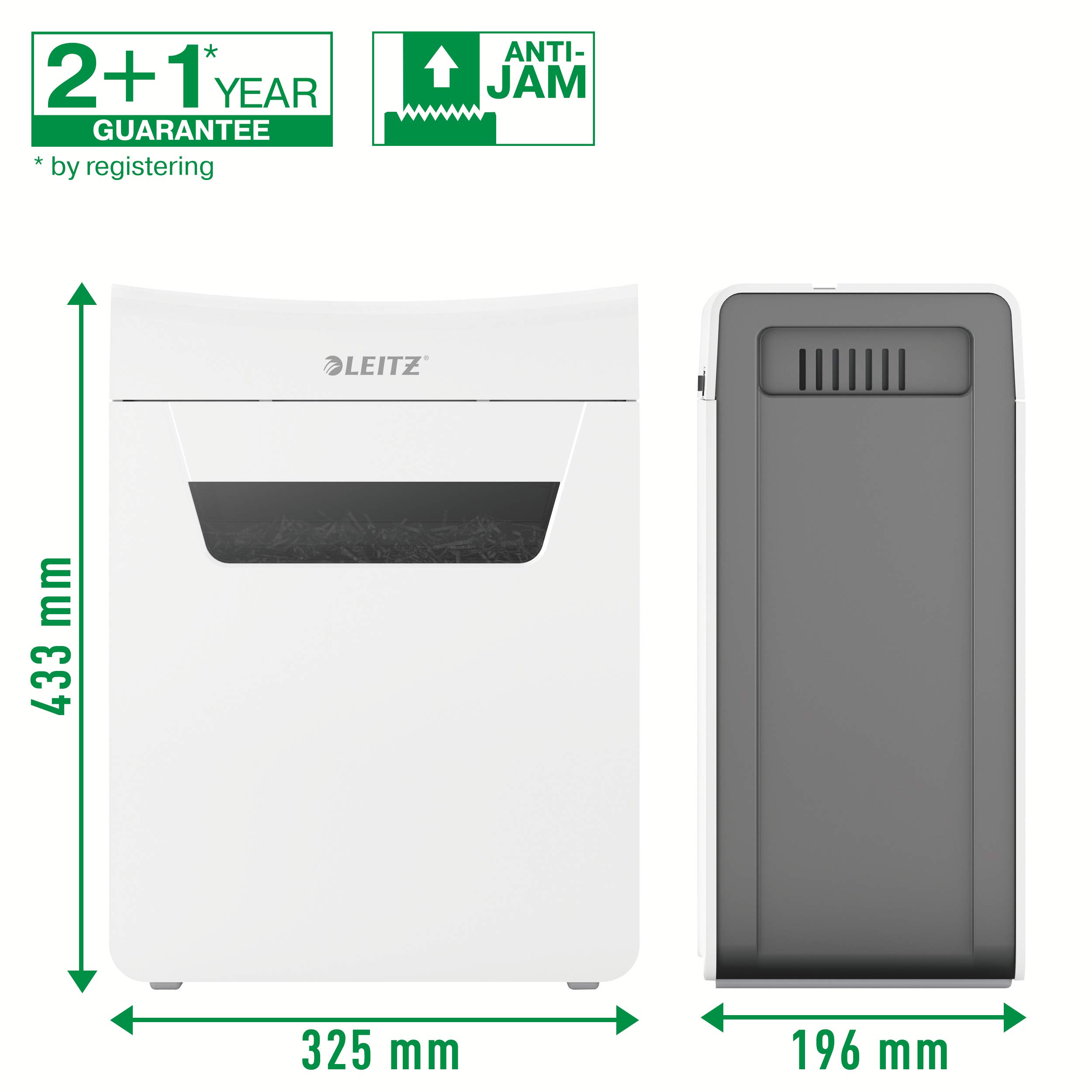 Leitz IQ 8X Premium P4, Niszczarka Do Papieru z Koszem 14 L, Tnie na Konfetti, Niszczy Jednorazowo 9-8 Arkuszy (70-80 g/m²), Cicha i Kompaktowa, Seria Protect, Biała, 80910000