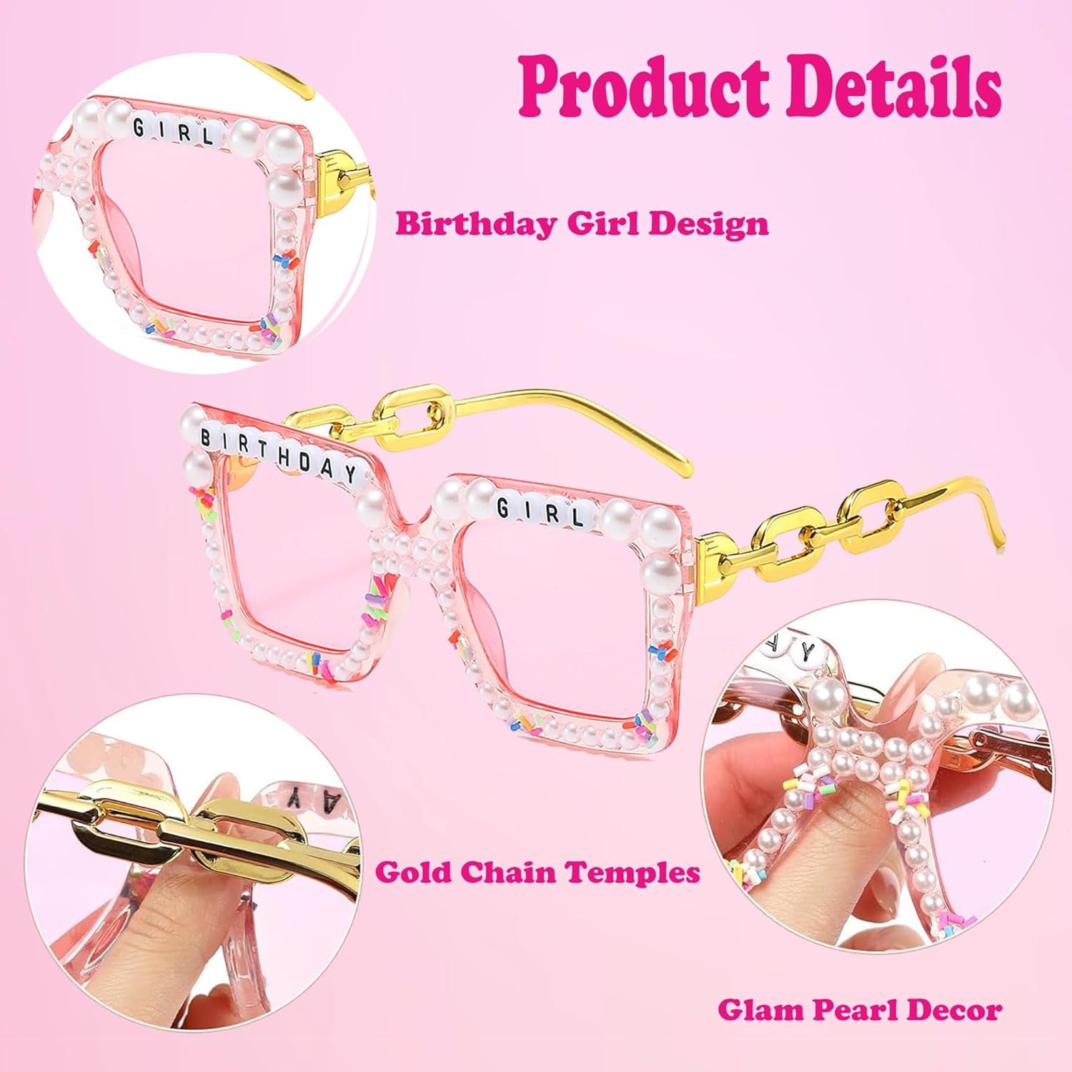 ZEBSF Happy Birthday Girl Sunglasses for Women and Girls, Square Cute Pink Party Glasses for Birthday Gift Accessories - Image 4
