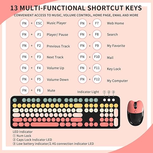 Miniatura 8 de Teclado y ratón inalámbricos, MOFII 104 teclas redondas máquina de escribir retro con OTG y cepillo, ergonómico de tamaño completo, ideal para PC
