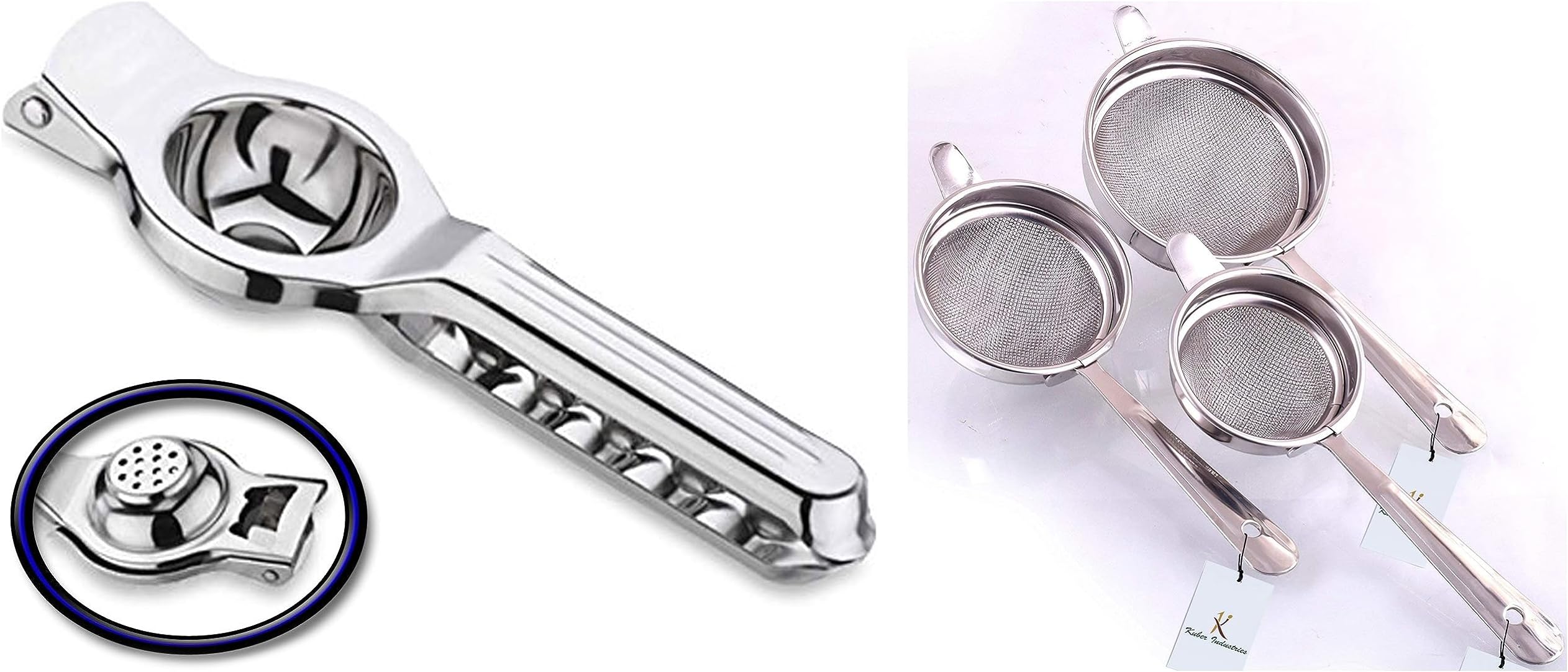 Kuber Industries Tea Strainer Chalni Double Mesh Last Long Set of 3 Pcs (8,9,10 cm) Code-003, Silver, Standard (Chalni12) & Kuber Industries Lemon Squeezer with Bottle Opener (Silver, CTKTC01784)