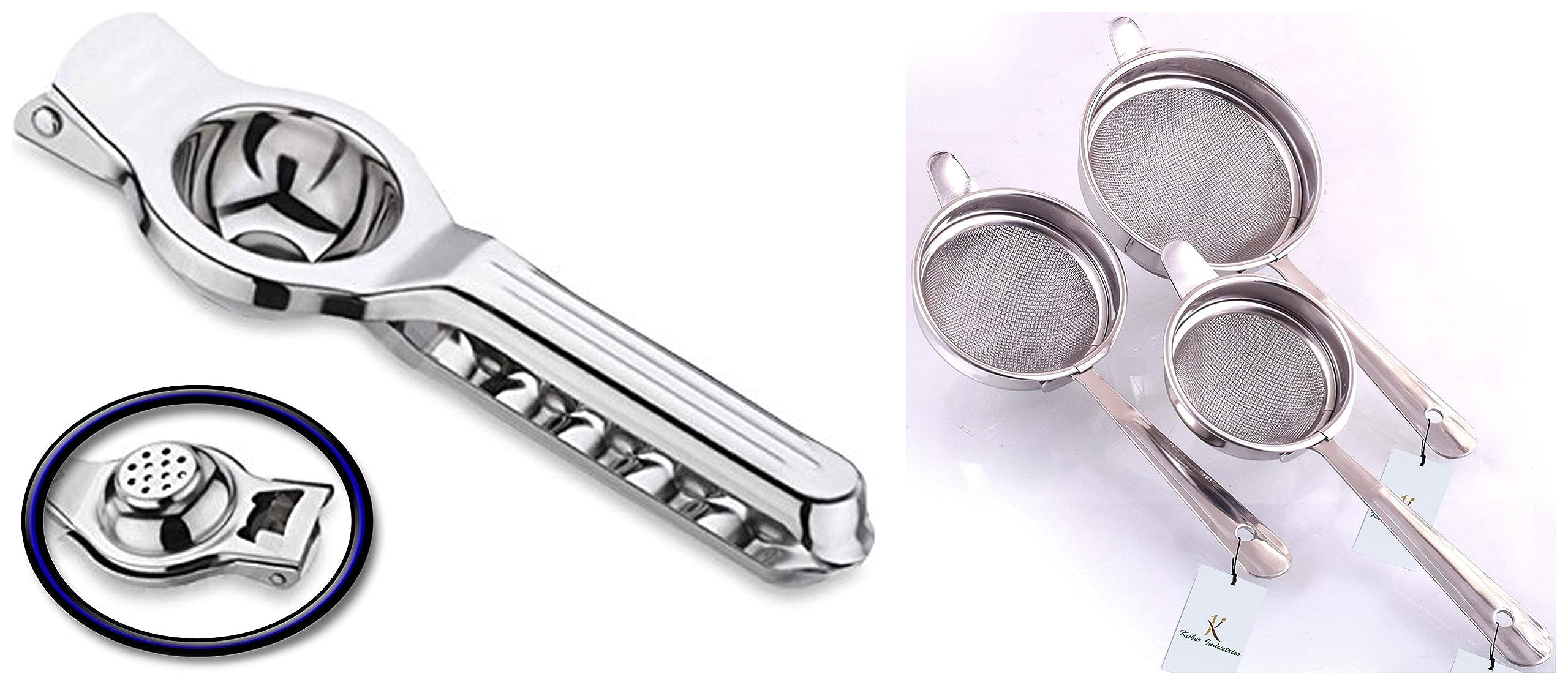 Kuber Industries Tea Strainer Chalni Double Mesh Last Long Set of 3 Pcs (8,9,10 cm) Code-003, Silver, Standard (Chalni12) & Kuber Industries Lemon Squeezer with Bottle Opener (Silver, CTKTC01784)