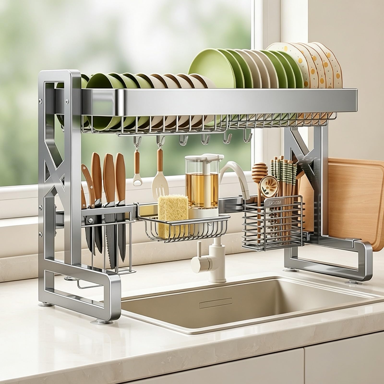 Scolapiatti a 2 ripiani in acciaio inox con portaposate, design salvaspazio per piatti, pentole, coperchi, ciotole e tazze, si adatta alla maggior parte dei lavelli (95 x 29 x 55 cm)