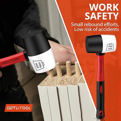 Miniatura 7 de GETLITOOL Mazo de goma negroblanco, martillo de goma de 16 onzas, sin marcas, con dos lados, martillo de goma con mango de fibra de vidrio