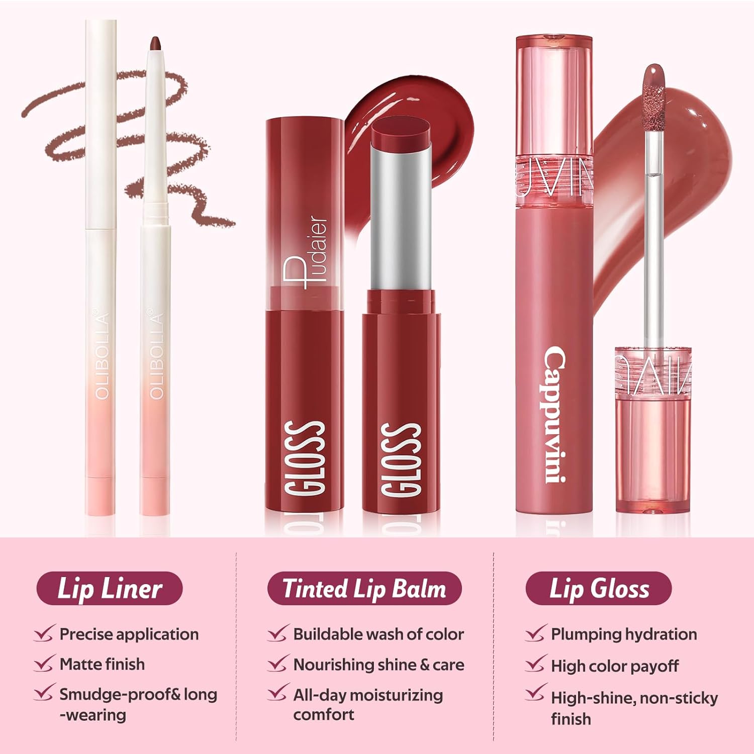3PCS Lip Combo Set - Matte Lip Liner Pencil + Hydrating Tinted Lip Balm + Juicy Lip Gloss Tint, Non-Sticky, Long-Lasting, High Pigment Lip Makeup Kit (Berry Mousse Set) - Image 3