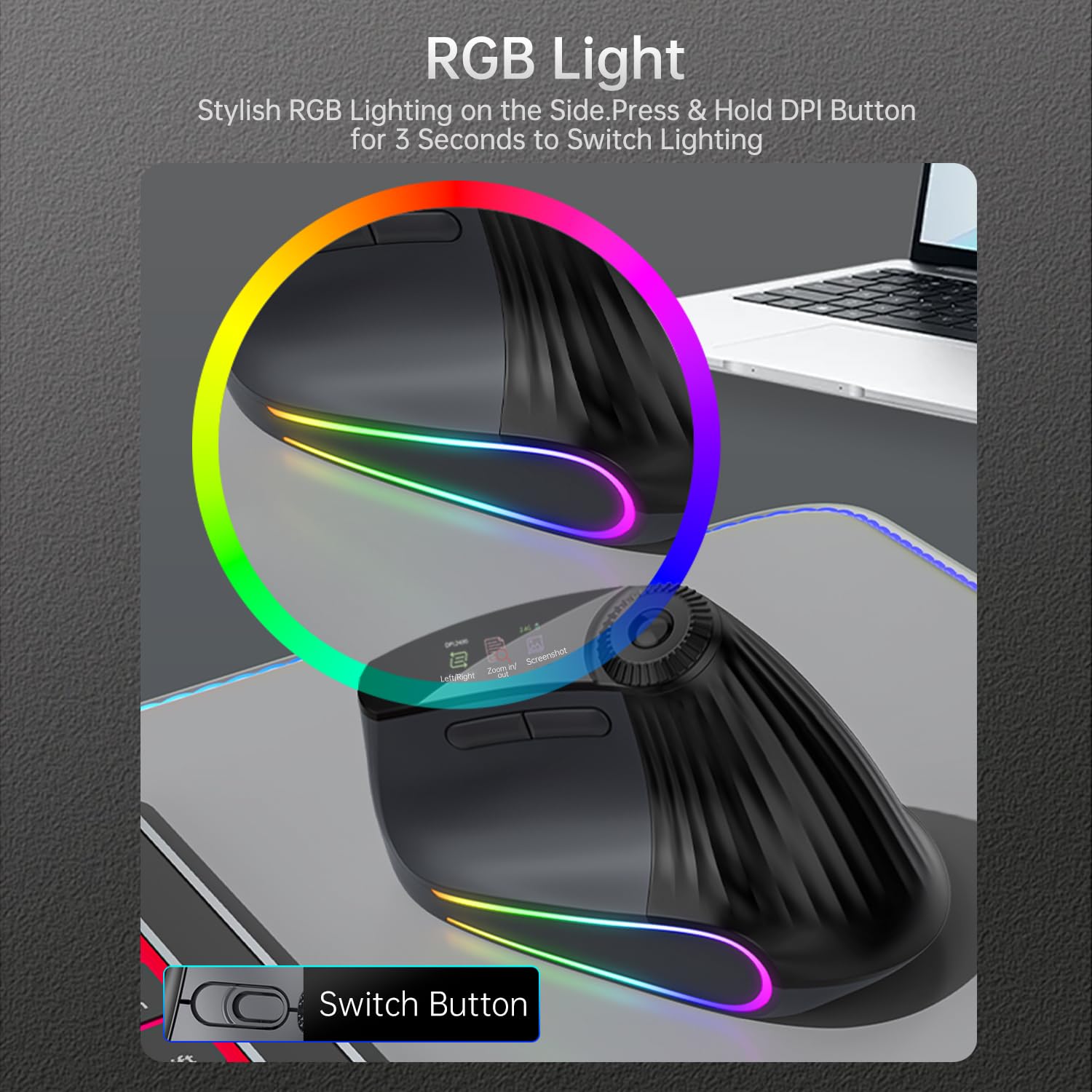 Mouse verticale ergonomico senza fili, ricaricabile Bluetooth ultraveloce scorrimento 4800 DPI, mouse Ergo 2.4G silenzioso clic 6 pulsanti mouse ottici RGB, 3 connettività multi-dispositivo