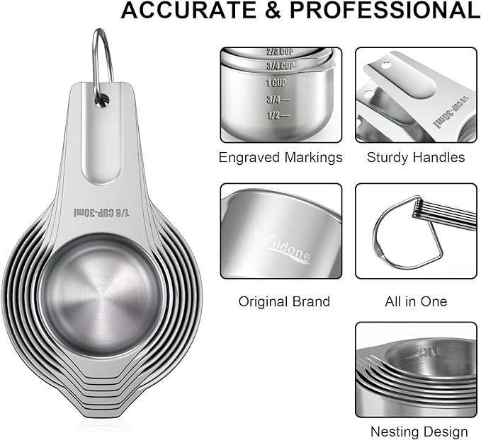 The set’s design also pays meticulous attention to practicality and storage. The measuring spoons feature a slim and narrow rectangular design, perfect for slipping into small spice jars or herb containers, preventing spills and wastage. This design keeps your kitchen cleaner and more organized. Additionally, the cups and spoons stack neatly and can be kept together using a removable stainless steel ring, allowing you to either store them conveniently in a cabinet or hang them on a wall for quick access. Upgrade your culinary toolkit with this efficient and elegant measuring set, crafted to enhance your cooking experience.