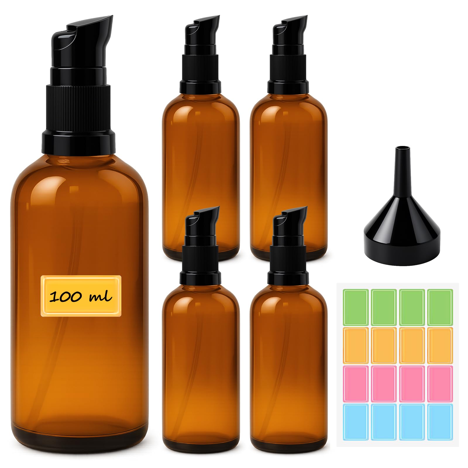 Puste szklane butelki 100 ml, brązowe z naklejką, lejek, 5 sztuk bursztynowych szklanych butelek z dozownikiem z pompką, dozownik balsamu, butelka z brązowego szkła, z pompką, do olejków