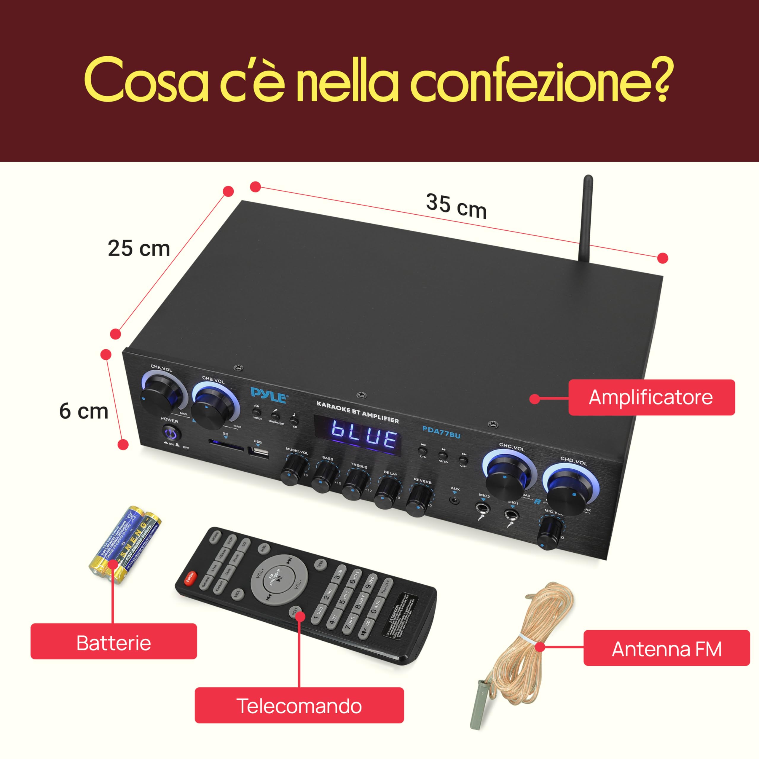Pyle Amplificatore Audio 4 Canali Bluetooth 800 Watt Picco Home Theater Karaoke