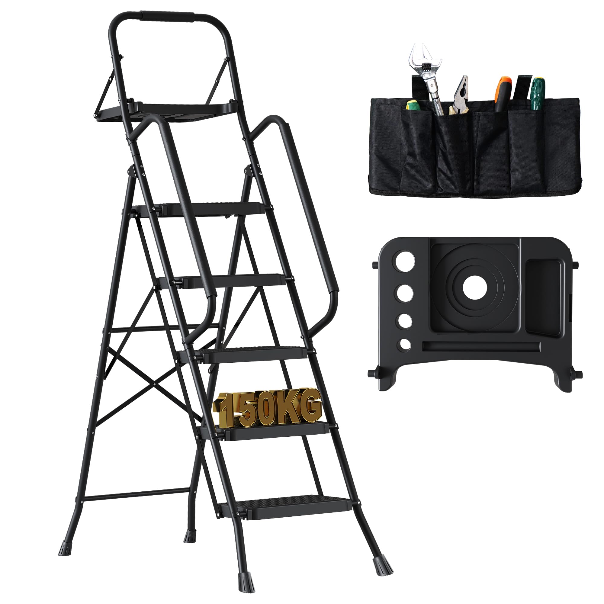 BONTEC Escabeau 5 Marches Pliable en Acier, Charge 150 kg, Marche Pied Antidérapant, Plateforme de Travail avec Plateau Outils, Escabeau avec Main Courante pour Cuisine Atelier Entrepôt, Noir