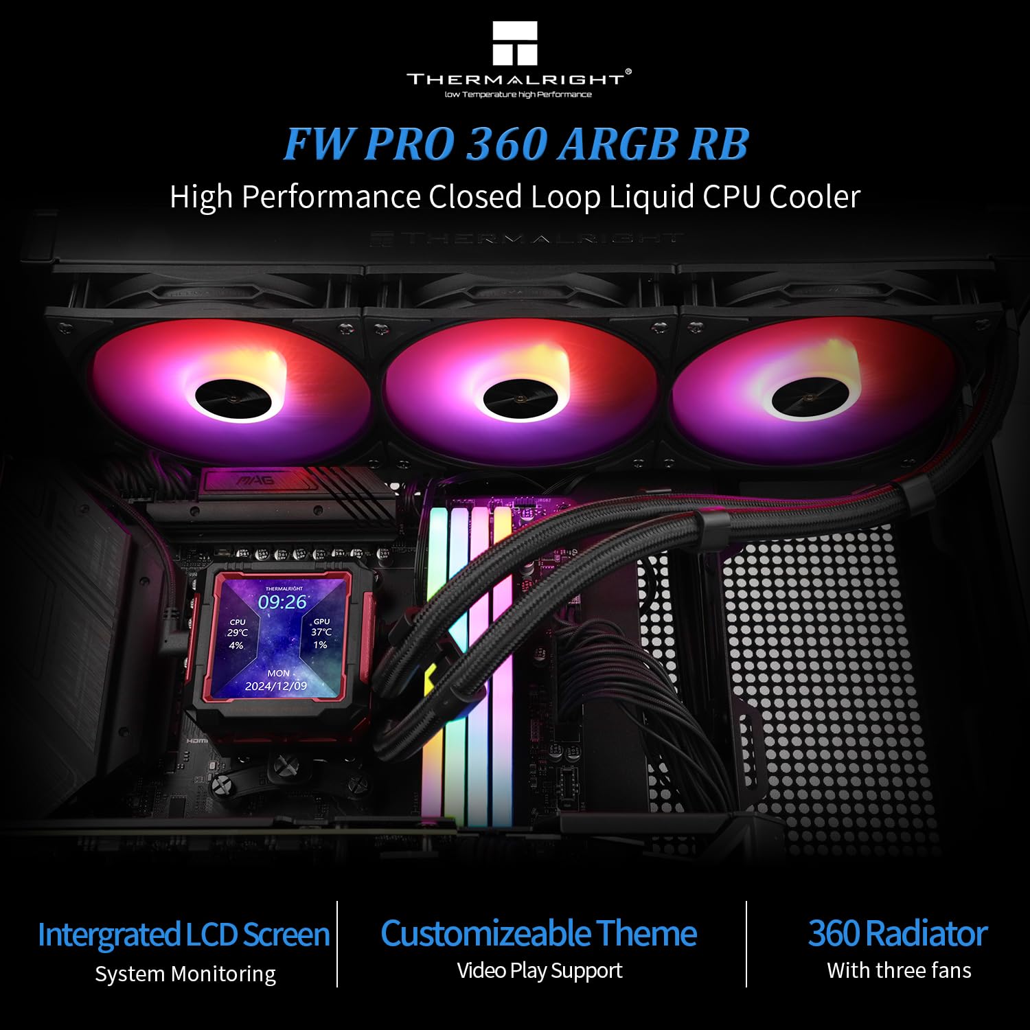 TR -FW PRO 360 ARGB RB Enfriador de agua para CPU, sistema de refrigeración por agua de 3 ventiladores PWM, pantalla LCD IPS magnética con resolución de 320 x 320, para AM5, Intel LGA1851/1700