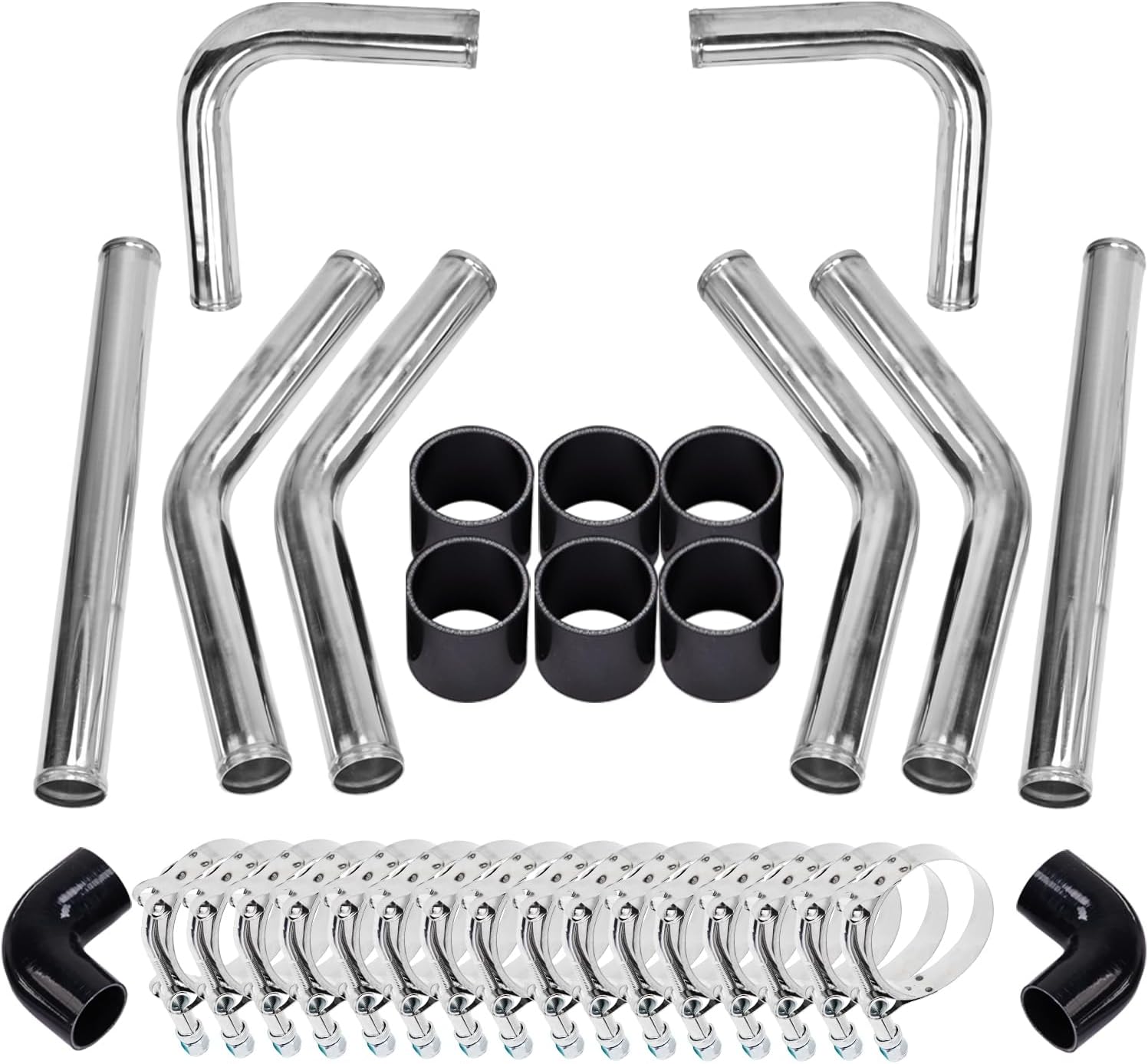 SUNROAD 2.5" 8pcs Universal Aluminum hose 610MM Polished Aluminum Turbo Intercooler hose+8 Elbow Hose+16 Clamps