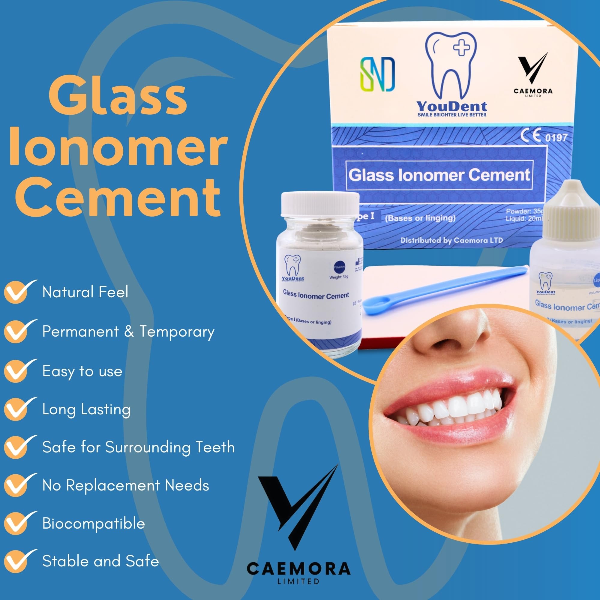 Caemora Kit de reparación dental Cemento dental de ionómero de vidrio Relleno permanente