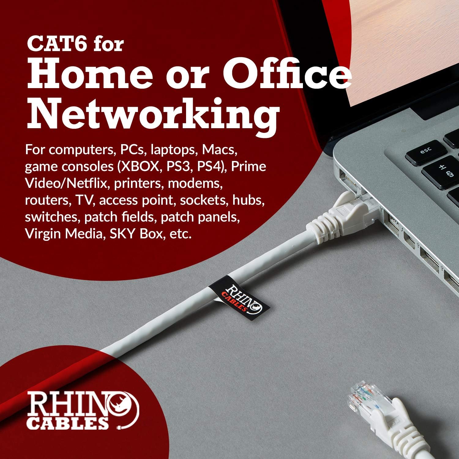 rhinocables CAT 6 High-Speed Gigabit Ethernet Cable - Patch Network Lead for LAN| Snagless UTP With LSZH Jacket | RJ45 Connector - Internet, Router, Modem, Smart TV, PC & More (2m, White, Pack of 1) - 5