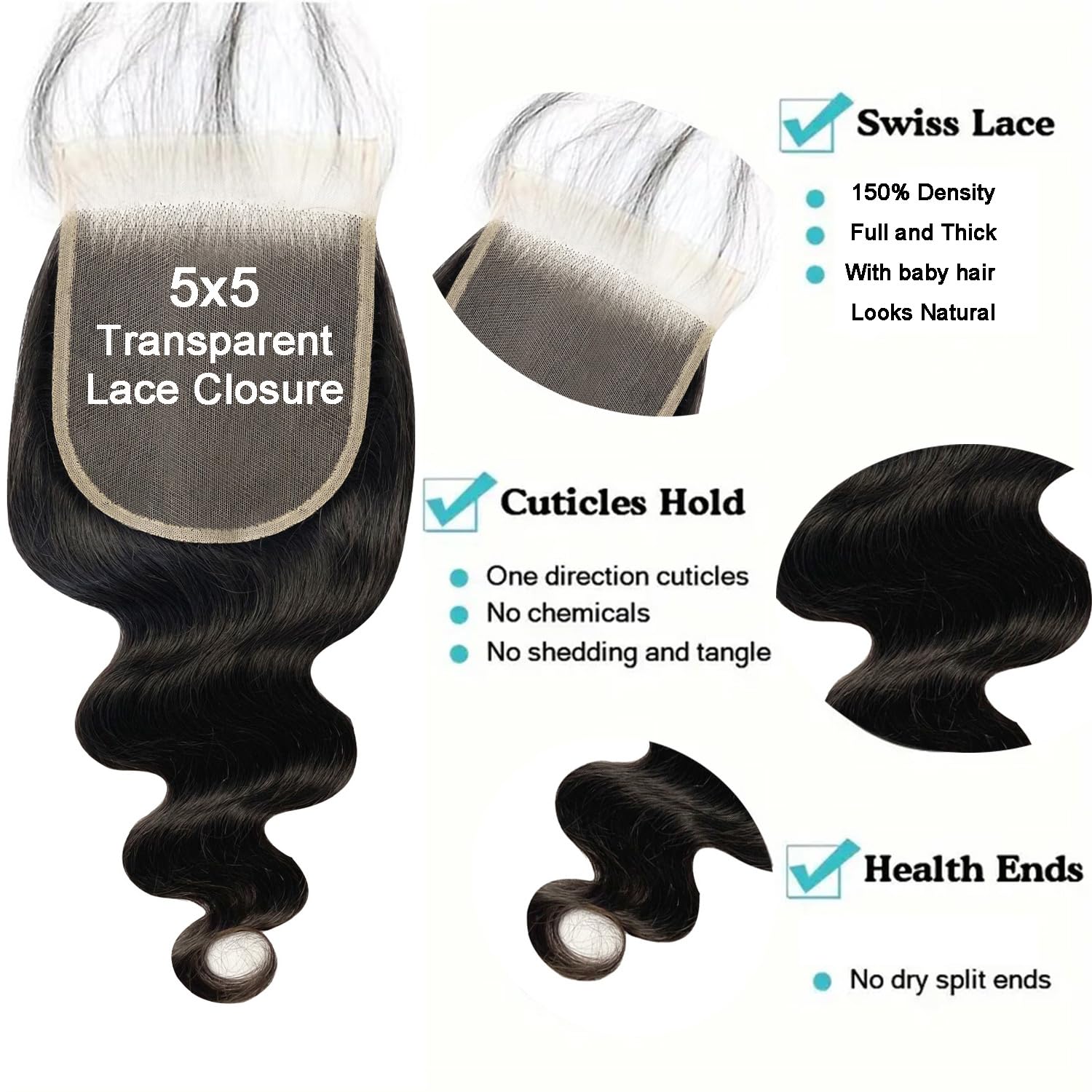 5x5 HD Lace Closure Transparent Frontal 100% Real Body Wave Human Hair HD Lace Closure Only Bleached Small Single Knots Human Hair for Black Women Natural Color(14 Inch)