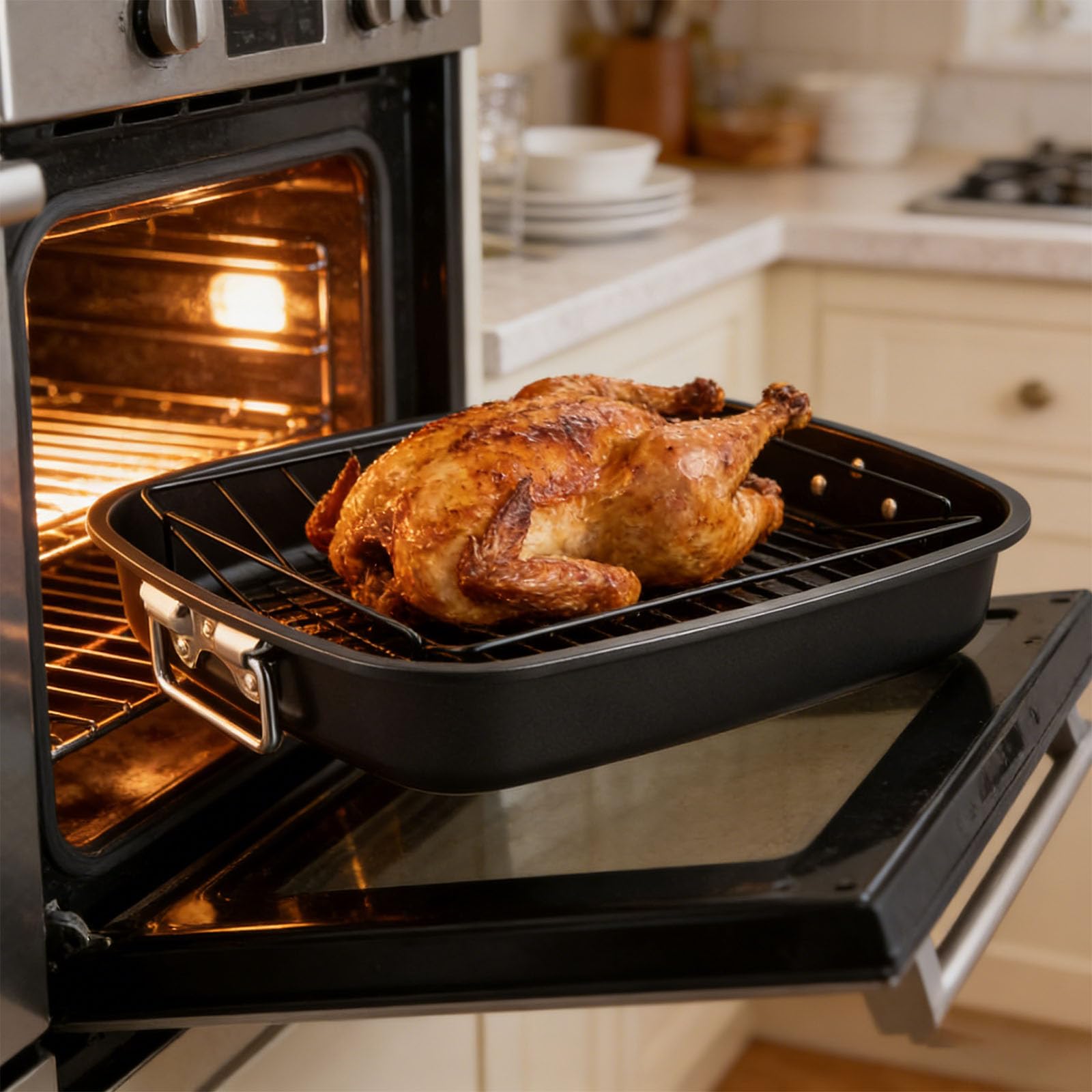 Sartén para asar pavo de 17 pulgadas incluye estante en forma de V de acero al carbono, bandeja para hornear para Acción de Gracias, Navidad, apto para horno