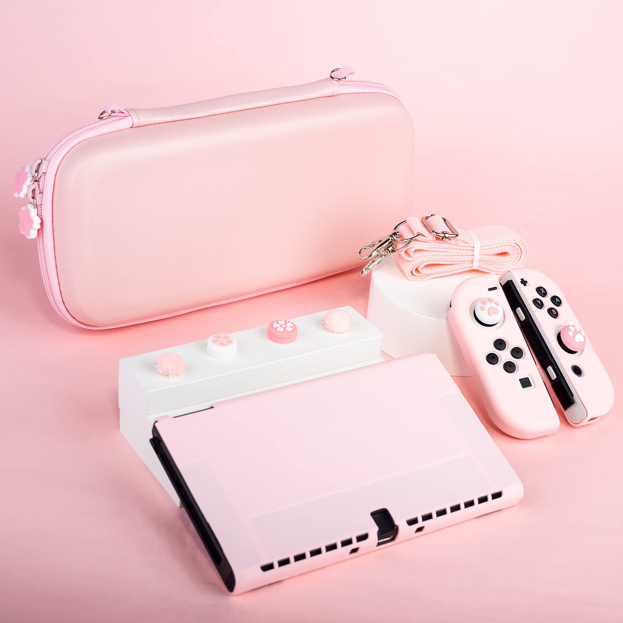 RHOTALL Custodia per Nintendo Switch OLED, custodia per Switch OLED con cover morbida, pellicola proteggi schermo, 4 tappi per pollice, cinturino da polso e tracolla, rosa