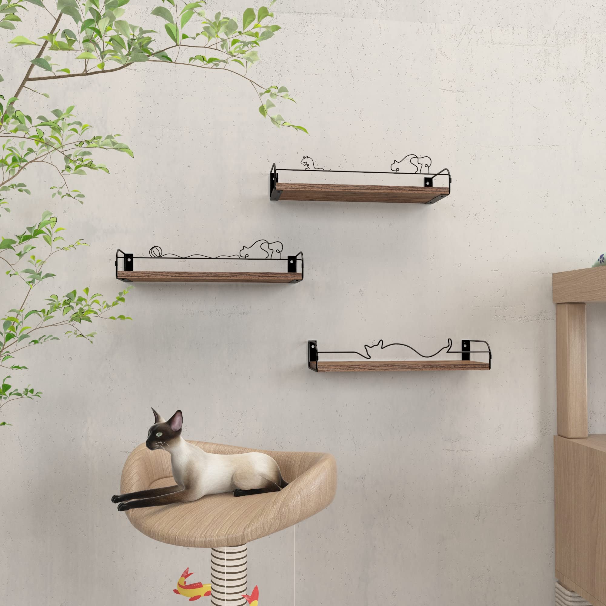 Lyeasw Floating Shelves Cat Shaped Wall Shelf, Rustic Wood Cat Shelving for Bedroom Kitchen Living Room Nursery Bathroom, Set of 3