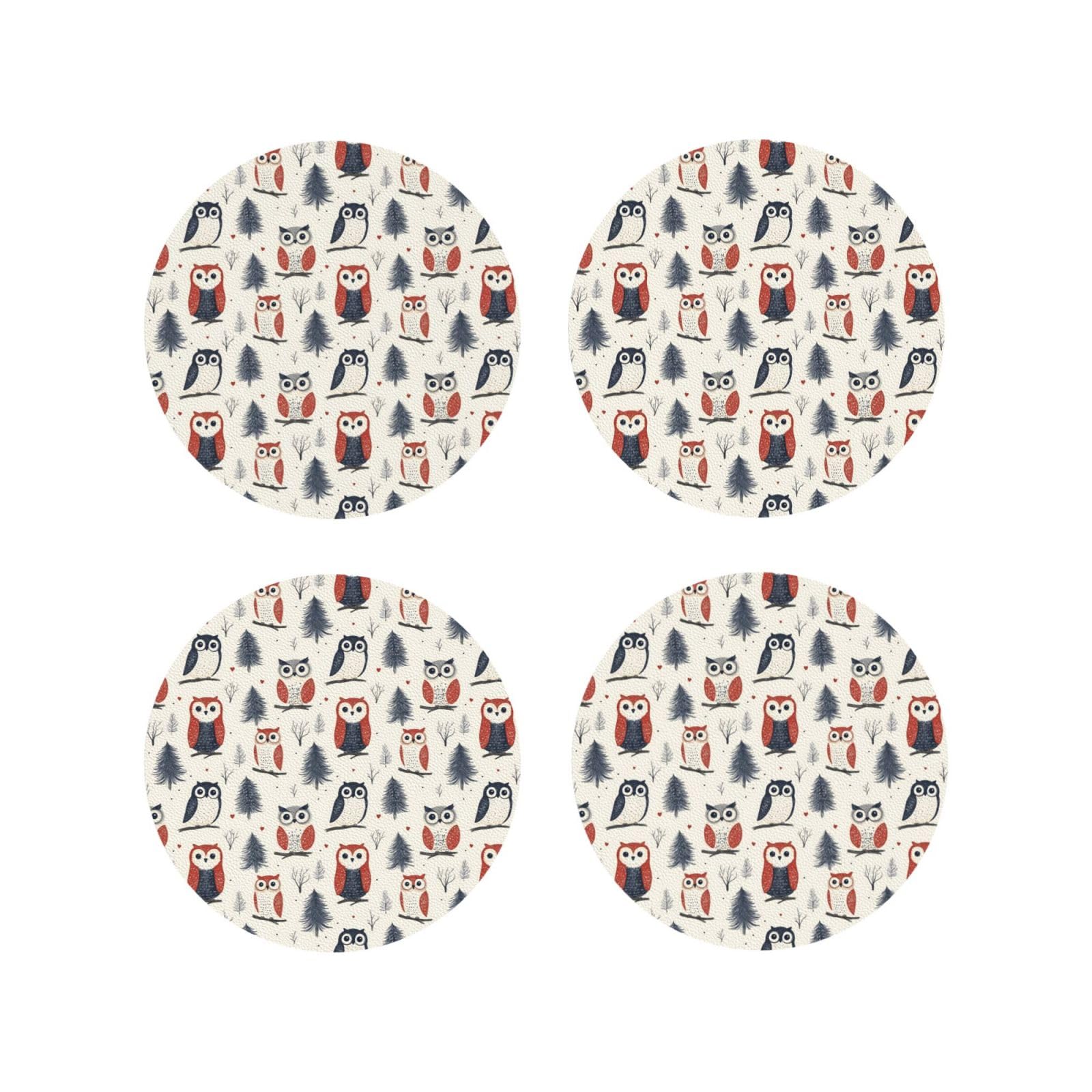 Leather Coasters Set of 4 - Owl in The Woods Print Lightweight Drink Coasters for Desk