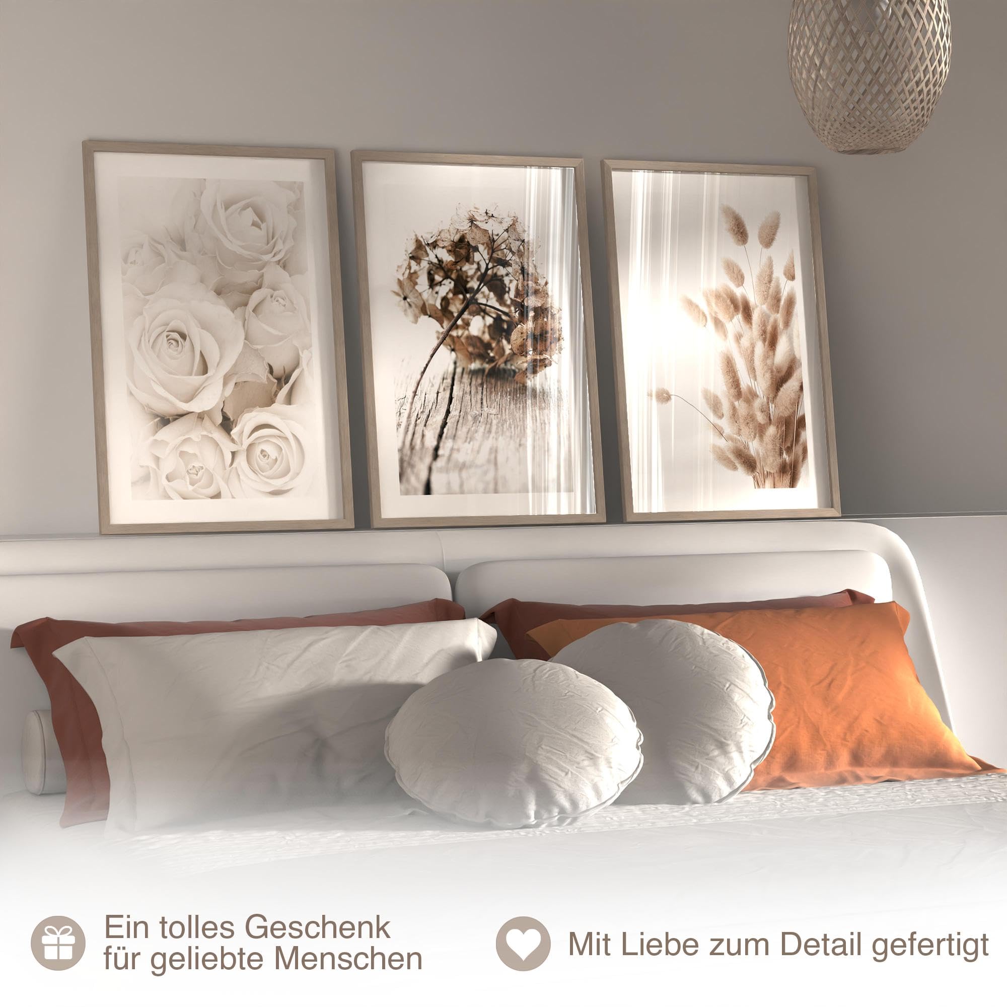 Novart Wandbilder mit Rahmen Boho - Wohnzimmer Schlafzimmer Wanddeko - 3 Bilder Set Beige - N123136aR1