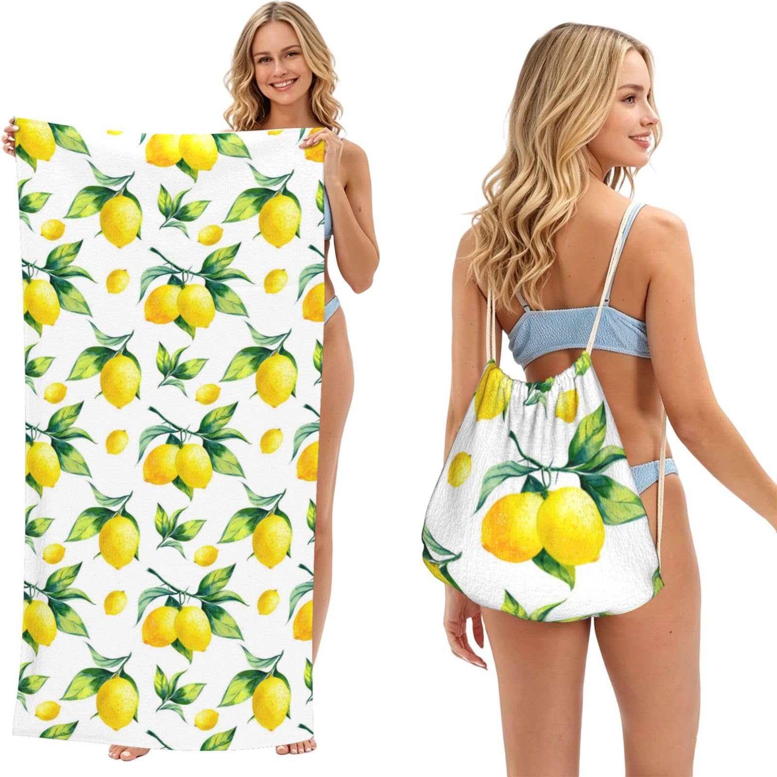 Poadnly As Picture Lemon, 2 In 1 Packable Towel Bag, Beach Towels With Drawstring Backpack For Travel Holiday Camping